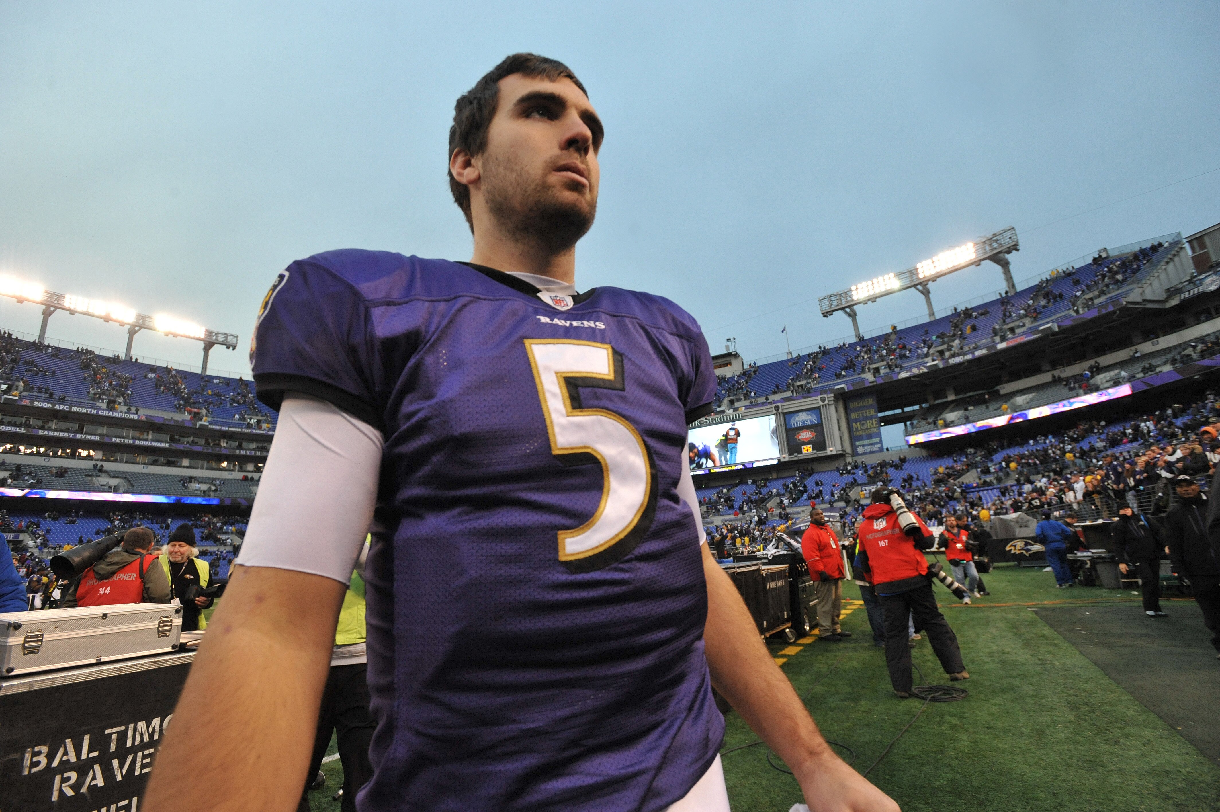 BALTIMORE, MD - JANUARY 2:  Joe Flacco #5 of the Baltimore Ravens walks off the field after the game against the Cincinnati Bengals  at M&T Bank Stadium on January 2, 2011 in Baltimore, Maryland. The Ravens defeated the Bengals 13-6. (Photo by Larry Frenc