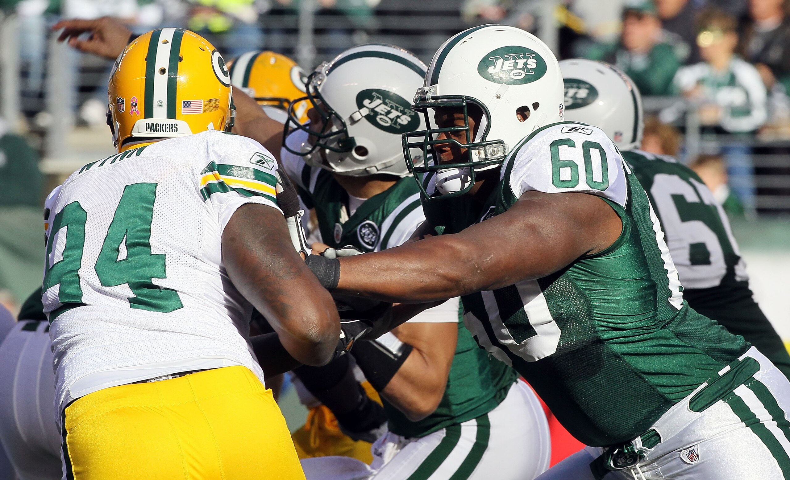 EAST RUTHERFORD, NJ - OCTOBER 31:  D'Brickashaw Ferguson #60 of the New York Jets in action against the Green Bay Packers on October 31, 2010 at the New Meadowlands Stadium in East Rutherford, New Jersey. The Packers defeated the Jets 9-0.  (Photo by Jim