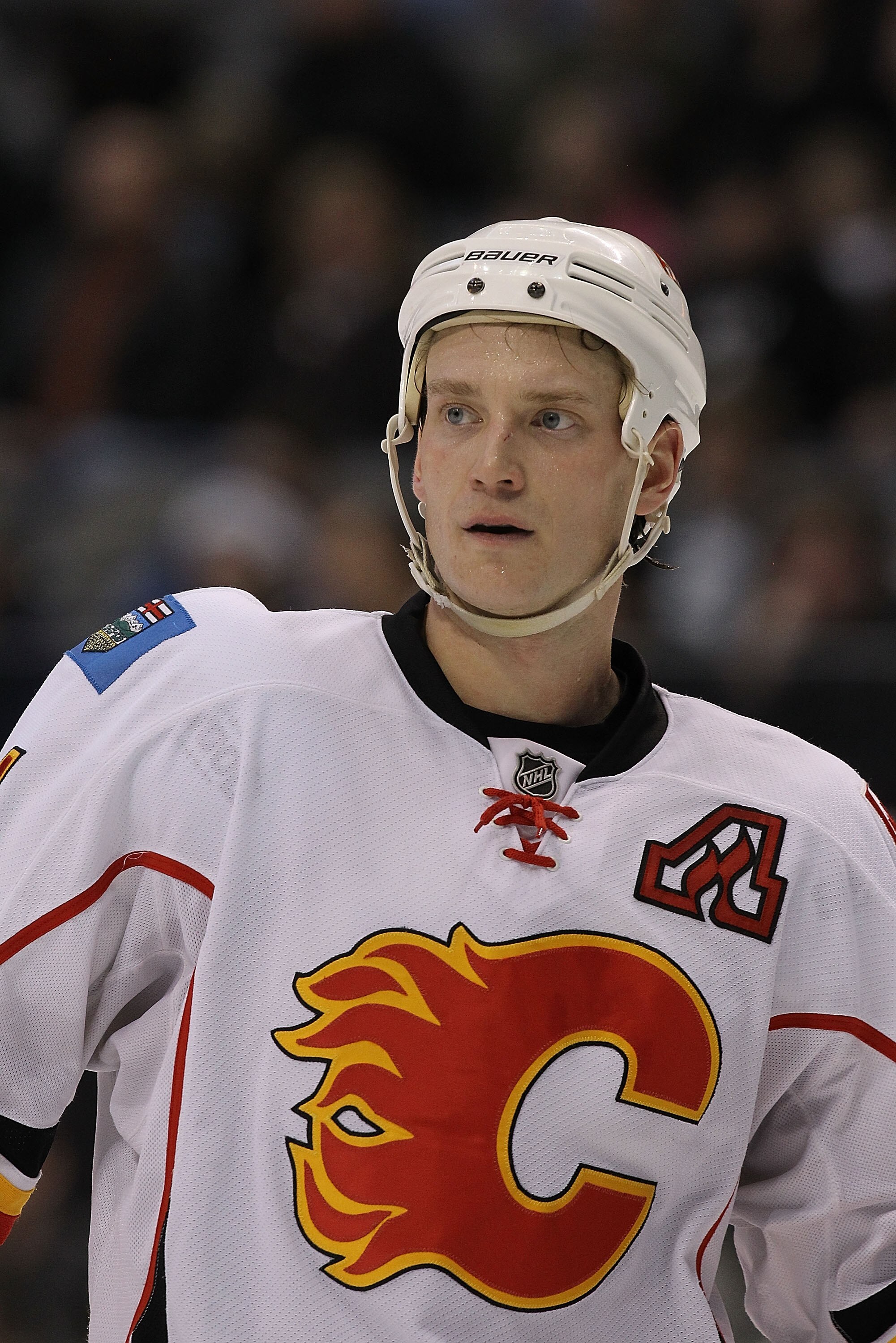 DALLAS, TX - DECEMBER 23:  Jay Bouwmeester #4 of the Calgary Flames in the third period against the Dallas Stars at American Airlines Center on December 23, 2010 in Dallas, Texas.  (Photo by Ronald Martinez/Getty Images)