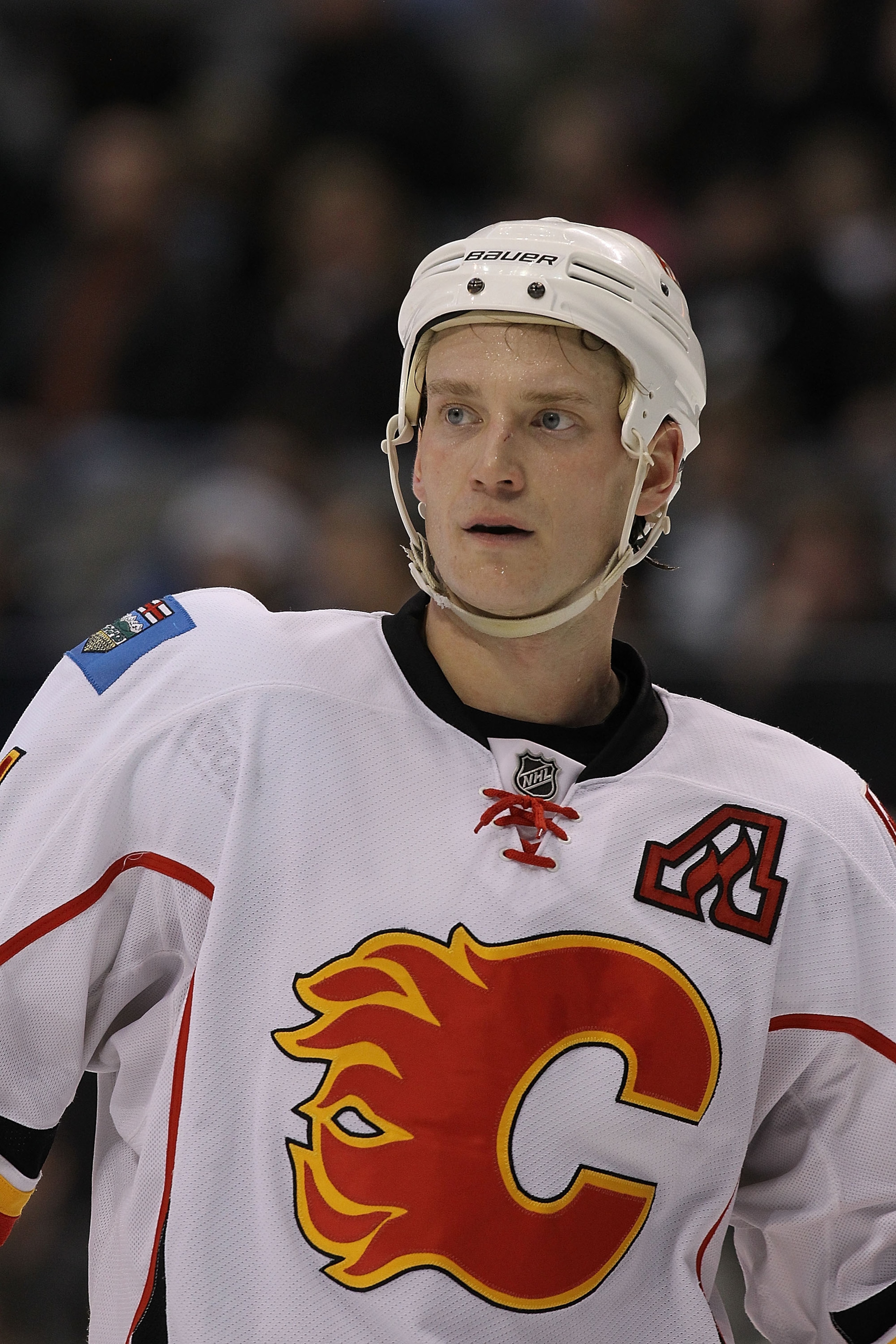 DALLAS, TX - DECEMBER 23:  Jay Bouwmeester #4 of the Calgary Flames in the third period against the Dallas Stars at American Airlines Center on December 23, 2010 in Dallas, Texas.  (Photo by Ronald Martinez/Getty Images)