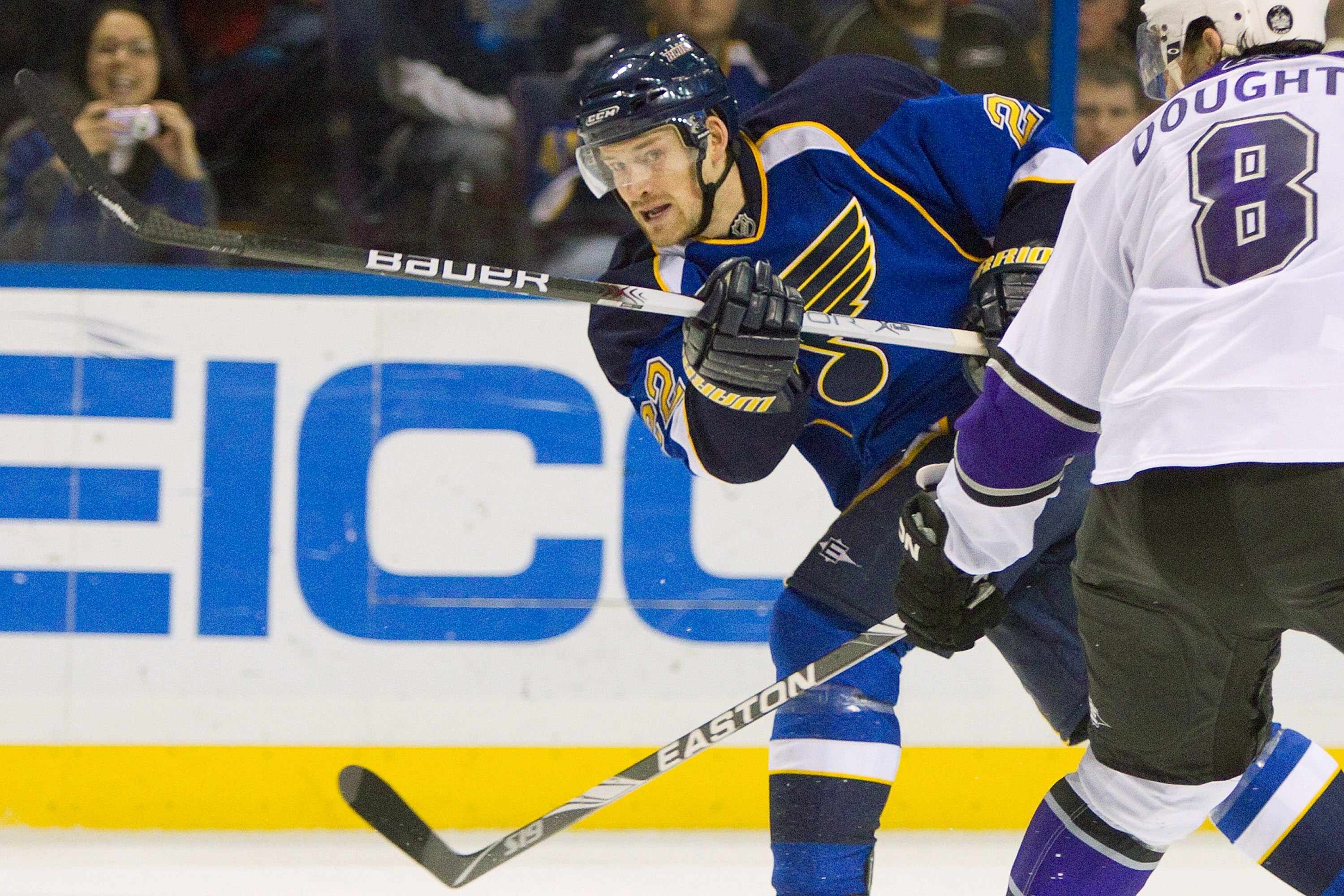 ST. LOUIS, MO - DECEMBER 16: Brad Boyes #22 of the St. Louis Blues takes a shot on goal against the Los Angeles Kings at the Scottrade Center on December 16, 2010 in St. Louis, Missouri.  The Blues defeated the Kings 6-4.  (Photo by Dilip Vishwanat/Getty