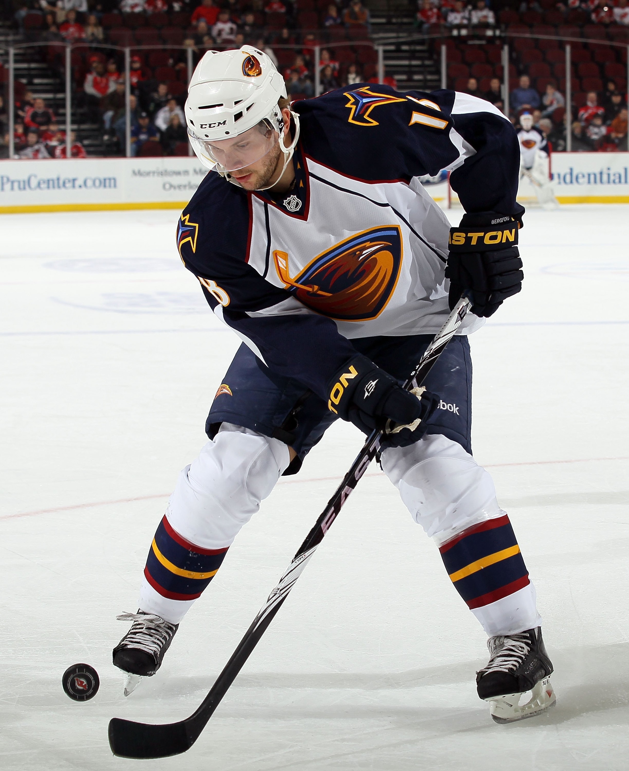 NEWARK, NJ - DECEMBER 31:  Niclas Bergfors #18 of the Atlanta Thrashers skates against the New Jersey Devils at the Prudential Center on December 31, 2010 in Newark, New Jersey. The Devils defeated the Thrashers 3-1.  (Photo by Jim McIsaac/Getty Images)