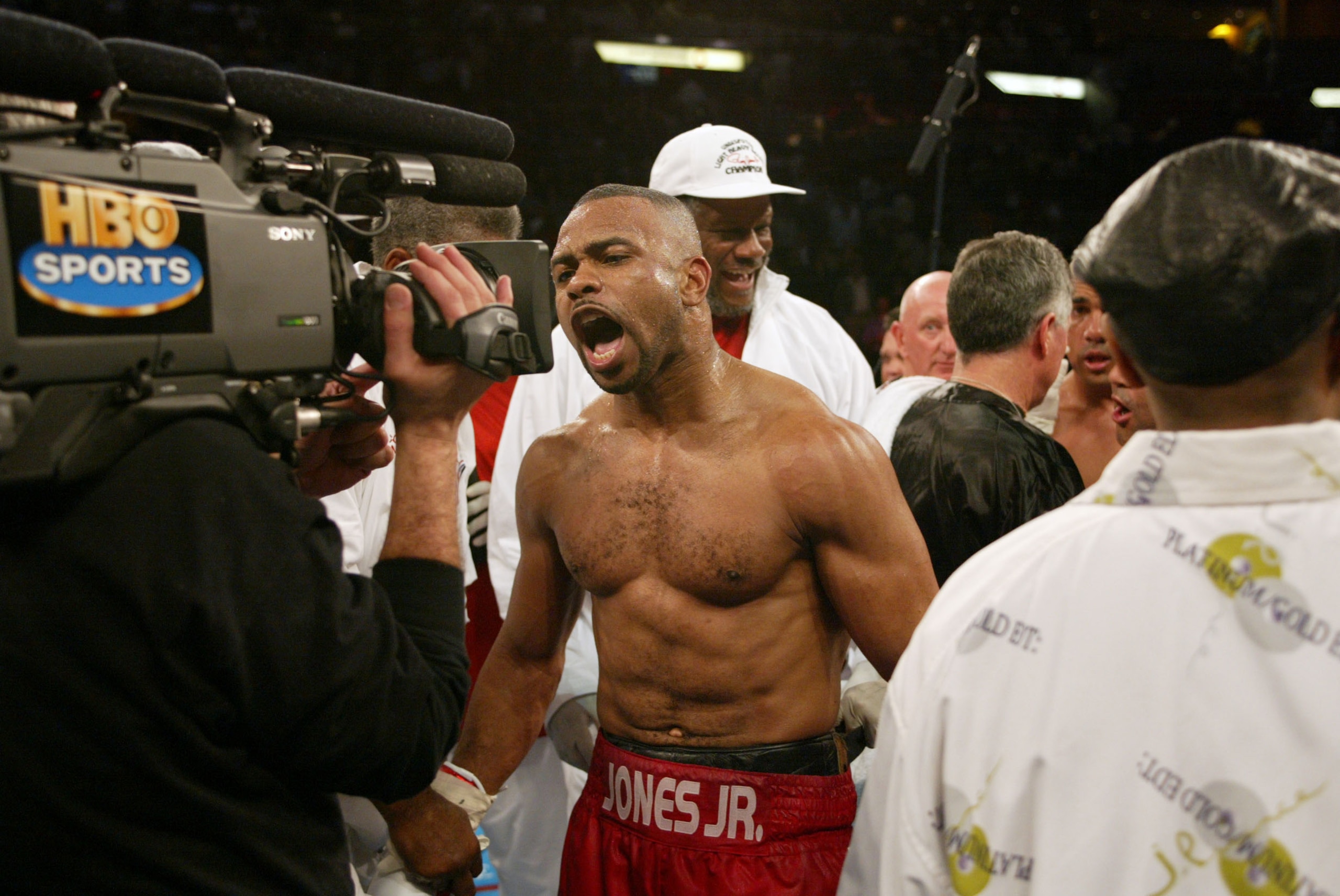 02 Feb 2002:   Roy Jones Jr  yells at a camera after the Lightheavyweight bout against Glen Kelly at American Airlines Arena in Miami, Florida. Roy Jones Jr. won by KO in the 7th. DIGITAL IMAGE. Mandatory Credit: Eliot Schechter/Getty Images