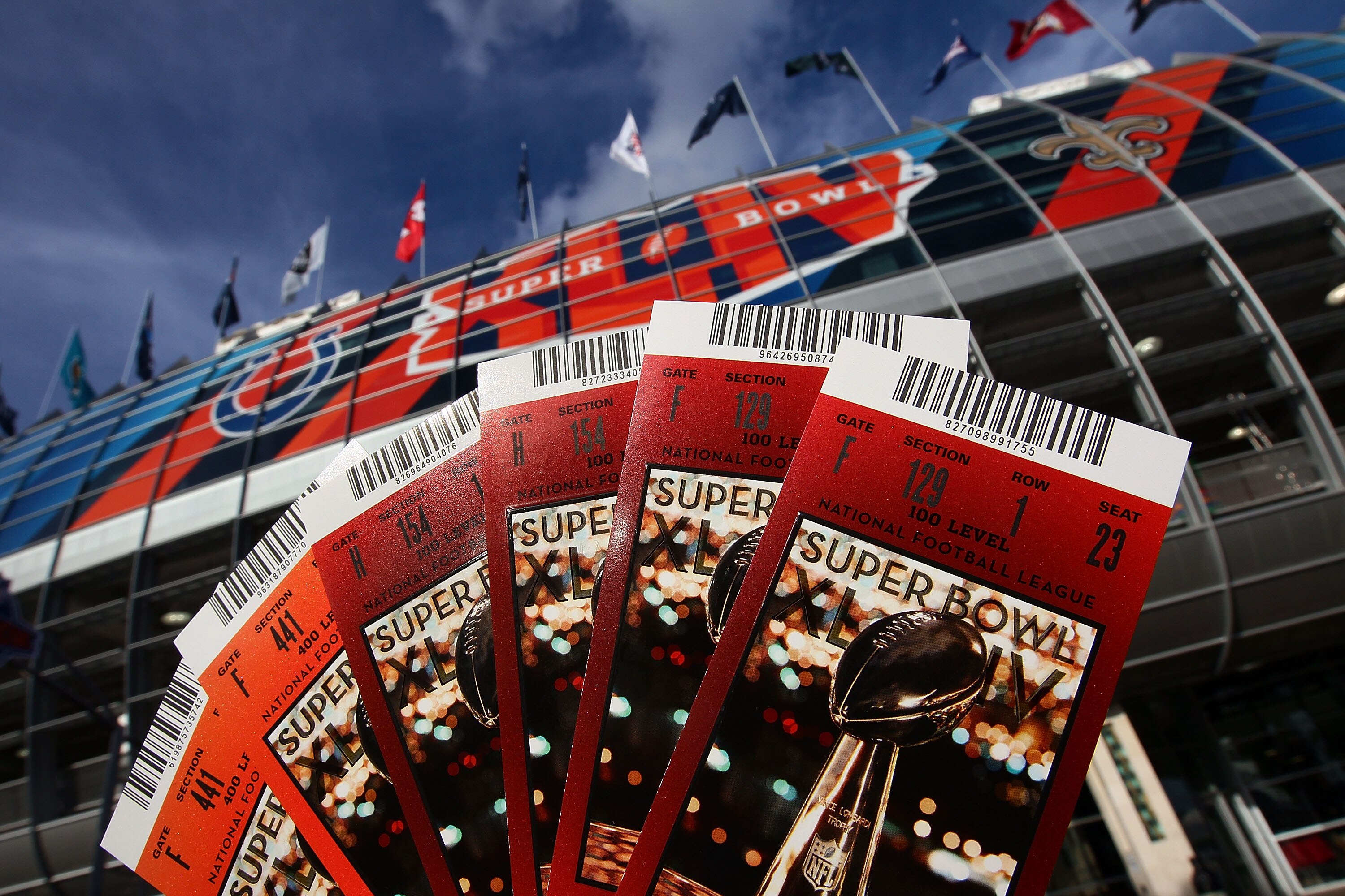 MIAMI - FEBRUARY 04:  Tickets for Super Bowl XLIV are shown outside Sun Life Stadium February 4, 2010 in Miami, Florida. The Indianapolis Colts will play the New Orleans Saints in the NFL's championship game Sunday February 7, 2010.  (Photo by Win McNamee
