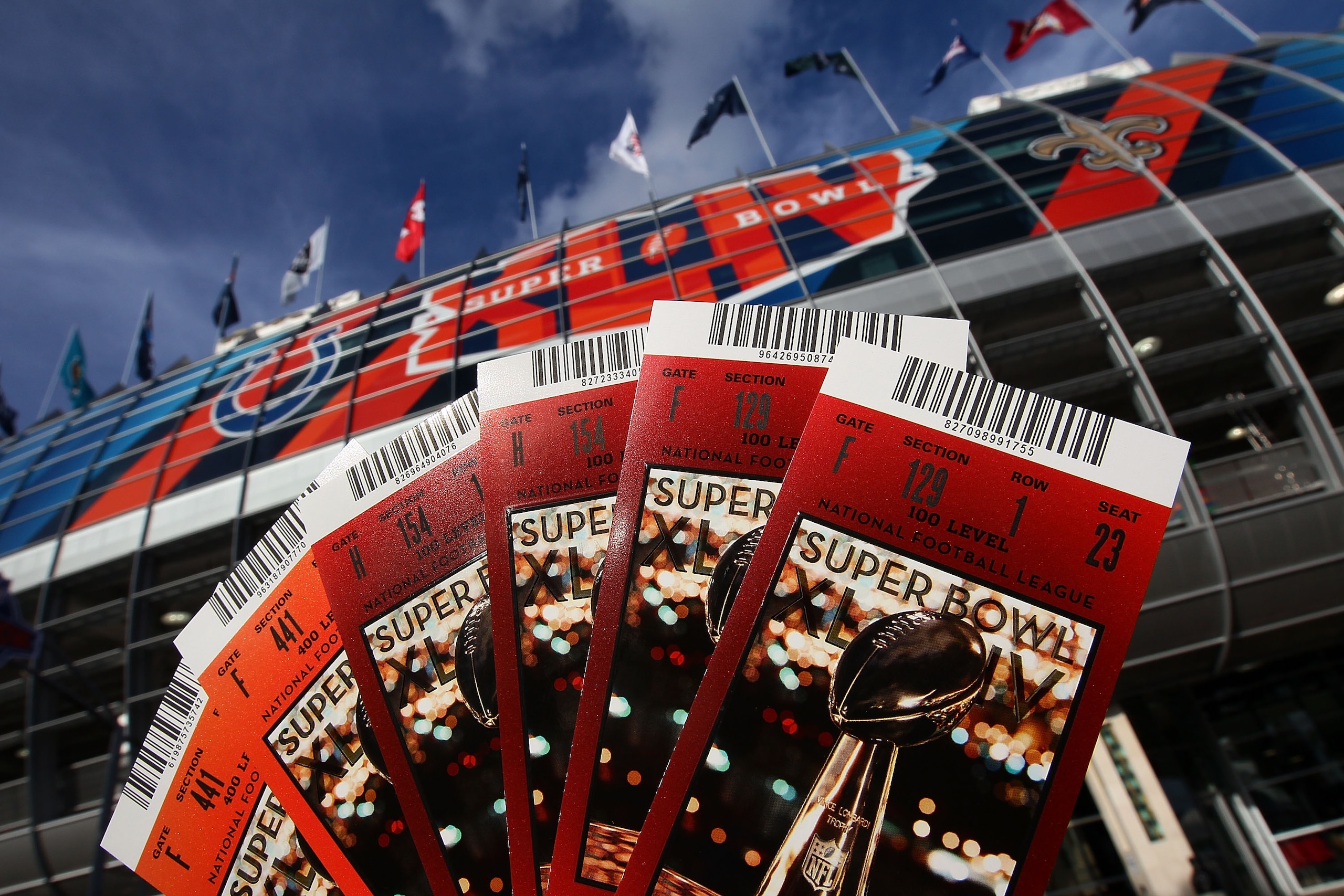 MIAMI - FEBRUARY 04:  Tickets for Super Bowl XLIV are shown outside Sun Life Stadium February 4, 2010 in Miami, Florida. The Indianapolis Colts will play the New Orleans Saints in the NFL's championship game Sunday February 7, 2010.  (Photo by Win McNamee