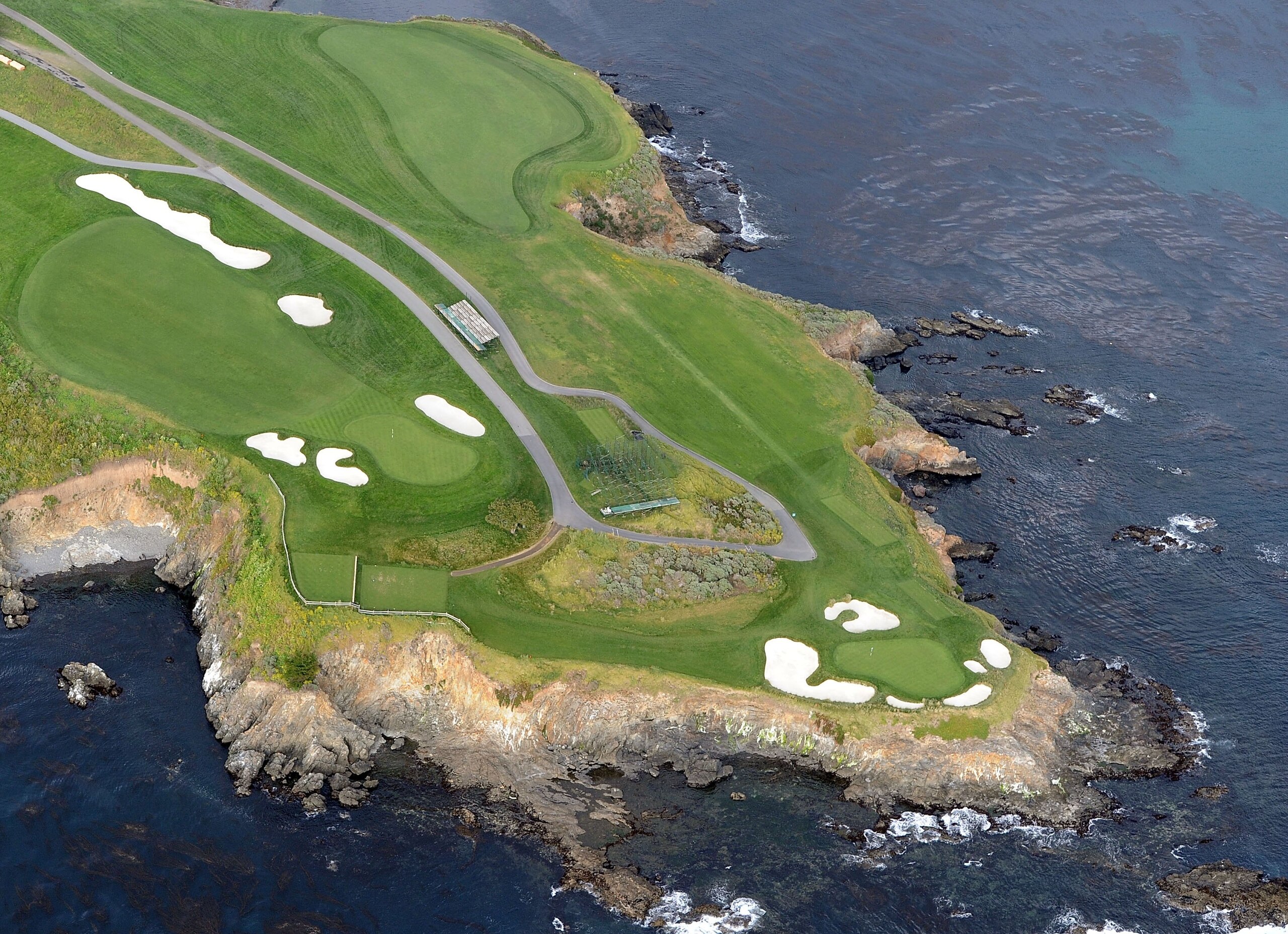 PEBBLE BEACH, CA - MAY 09:  Aerial view of the 7th and 8th hole at the Pebble Beach Golf Links on May 9, 2010 in Pebble Beach, California.  (Photo by Harry How/Getty Images)