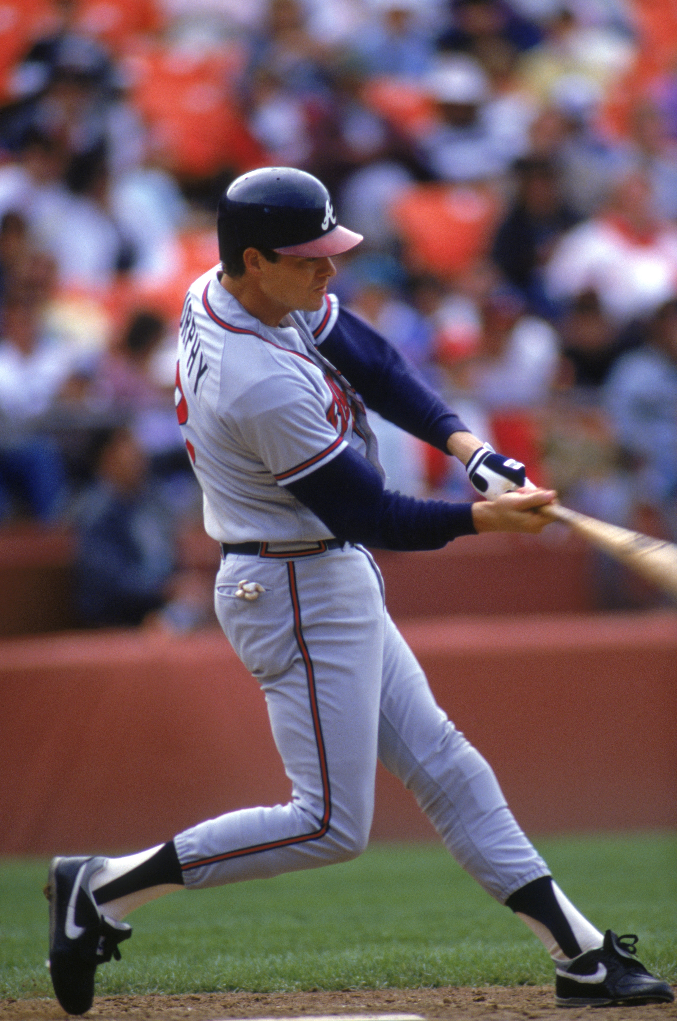 SAN FRANCISCO - 1989:  Dale Murphy #3 of the Atlanta Braves swings the bat during a game with the San Francisco Giants in 1988 at Candlestick Park in San Francisco, California.  (Photo by Otto Greule Jr/Getty Images)