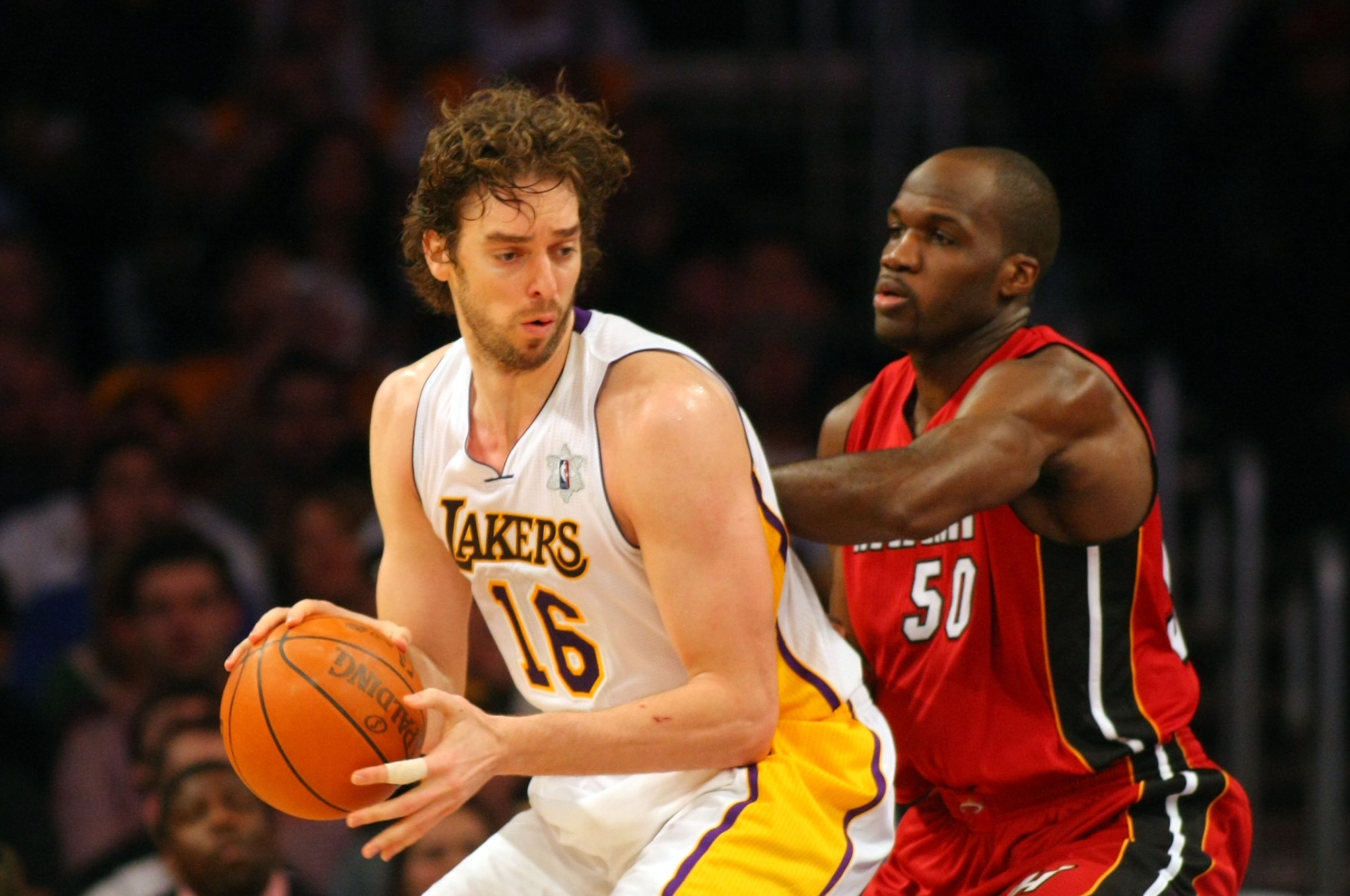 LOS ANGELES, CA - DECEMBER 25: Pau Gasol #16 of the Los Angeles Lakers posts up Joel Anthony #50 of the Miami Heat during the NBA game at Staples Center on December 25, 2010 in Los Angeles, California. The Heat defeated the Lakers 96-80. (Photo by Victor LOS ANGELES, CA - DECEMBER 25: Pau Gasol #16 of the Los Angeles Lakers posts up Joel Anthony #50 of the Miami Heat during the NBA game at Staples Center on December 25, 2010 in Los Angeles, California. The Heat defeated the Lakers 96-80. (Photo by Victor