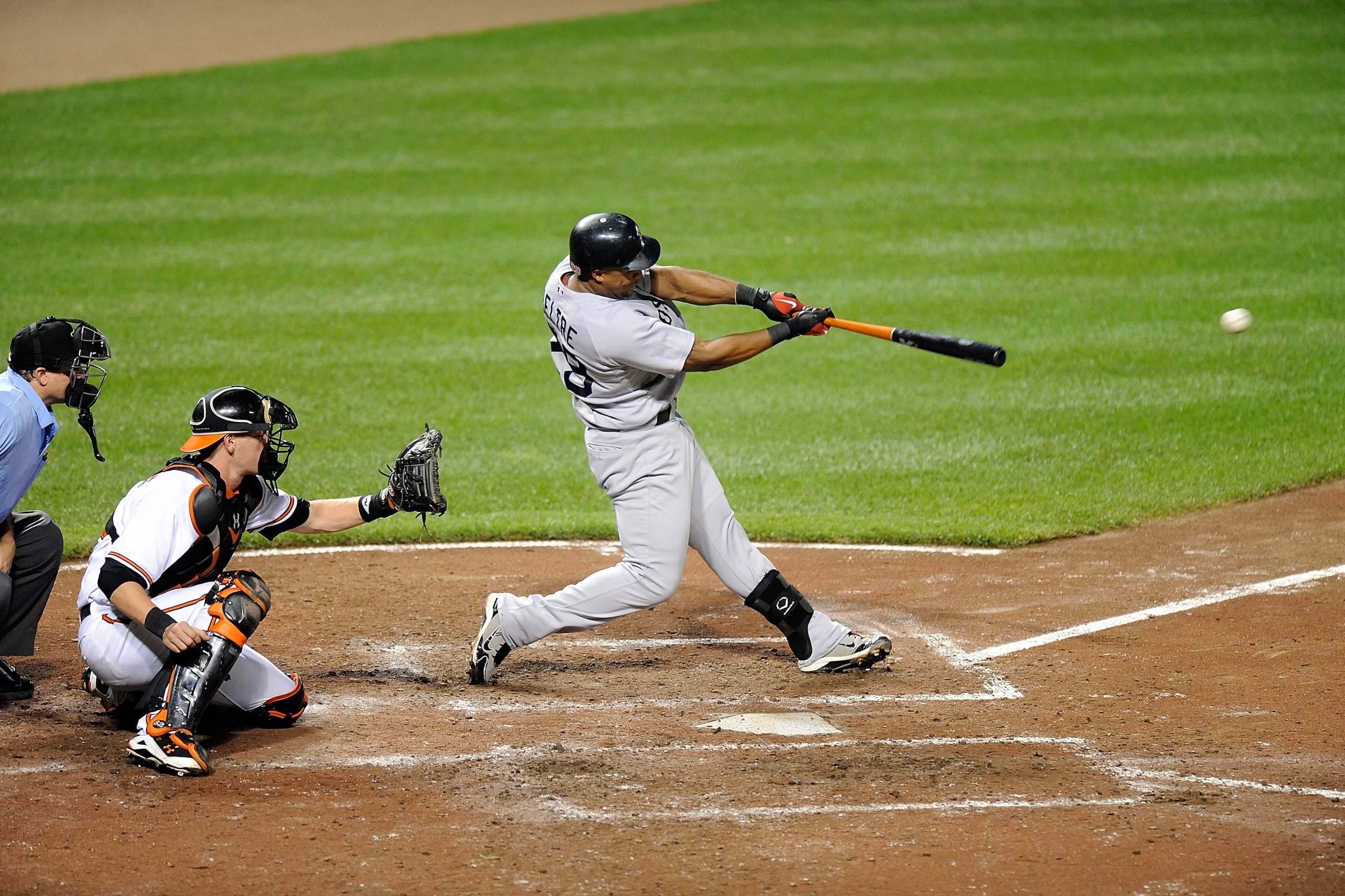 BALTIMORE - AUGUST 31: Adrian Beltre #29 of the Boston Red Sox hits a single in the sixth inning against the Baltimore Orioles at Camden Yards on August 31, 2010 in Baltimore, Maryland.  (Photo by Greg Fiume/Getty Images)