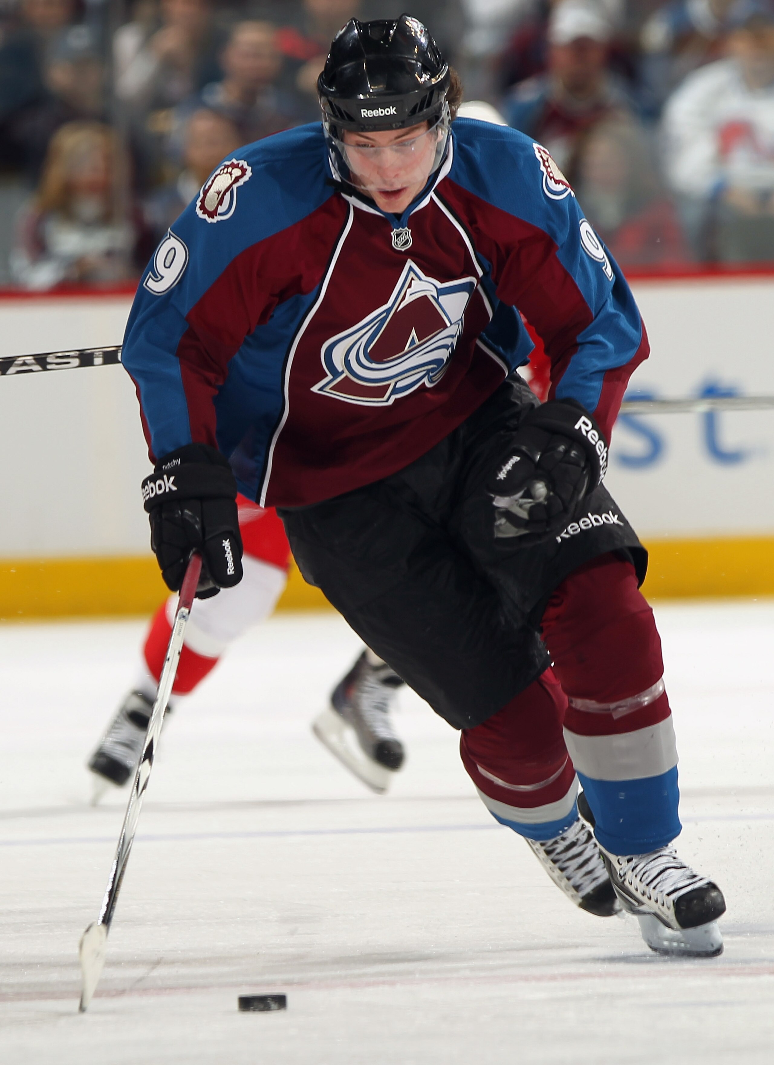 DENVER - DECEMBER 27:  Matt Duchene #9 of the Colorado Avalanche controls the puck against the Detroit Red Wings at the Pepsi Center on December 27, 2010 in Denver, Colorado. The Red Wings defeated the Avalanche 4-3 in overtime.  (Photo by Doug Pensinger/