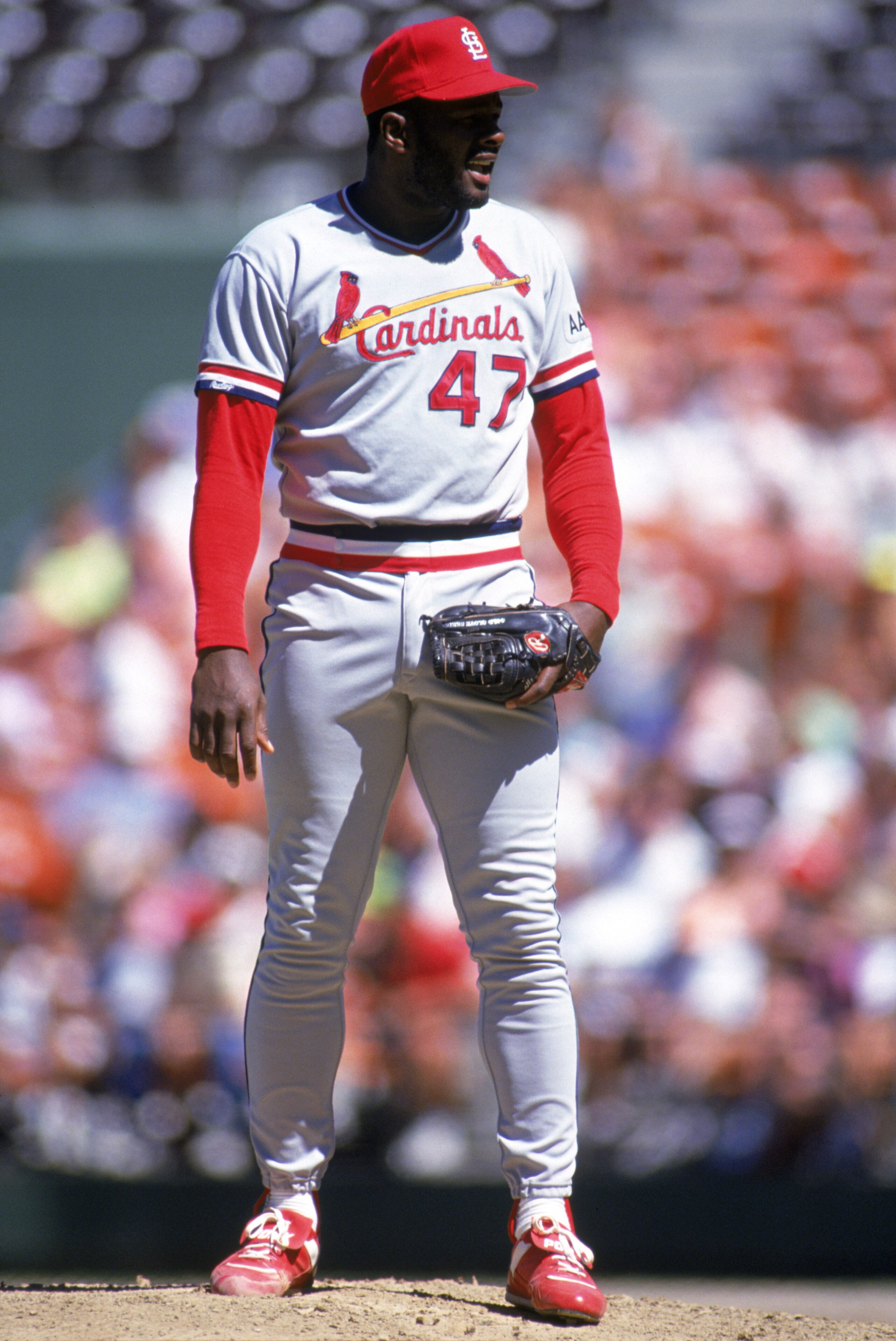 SAN DIEGO - 1990:  Lee Smith #47 of the St. Louis Cardinals pitches against the San Diego Padres during the 1990 season at Jack Murphy Stadium in San Diego, California.  (Photo by Stephen Dunn/Getty Images)