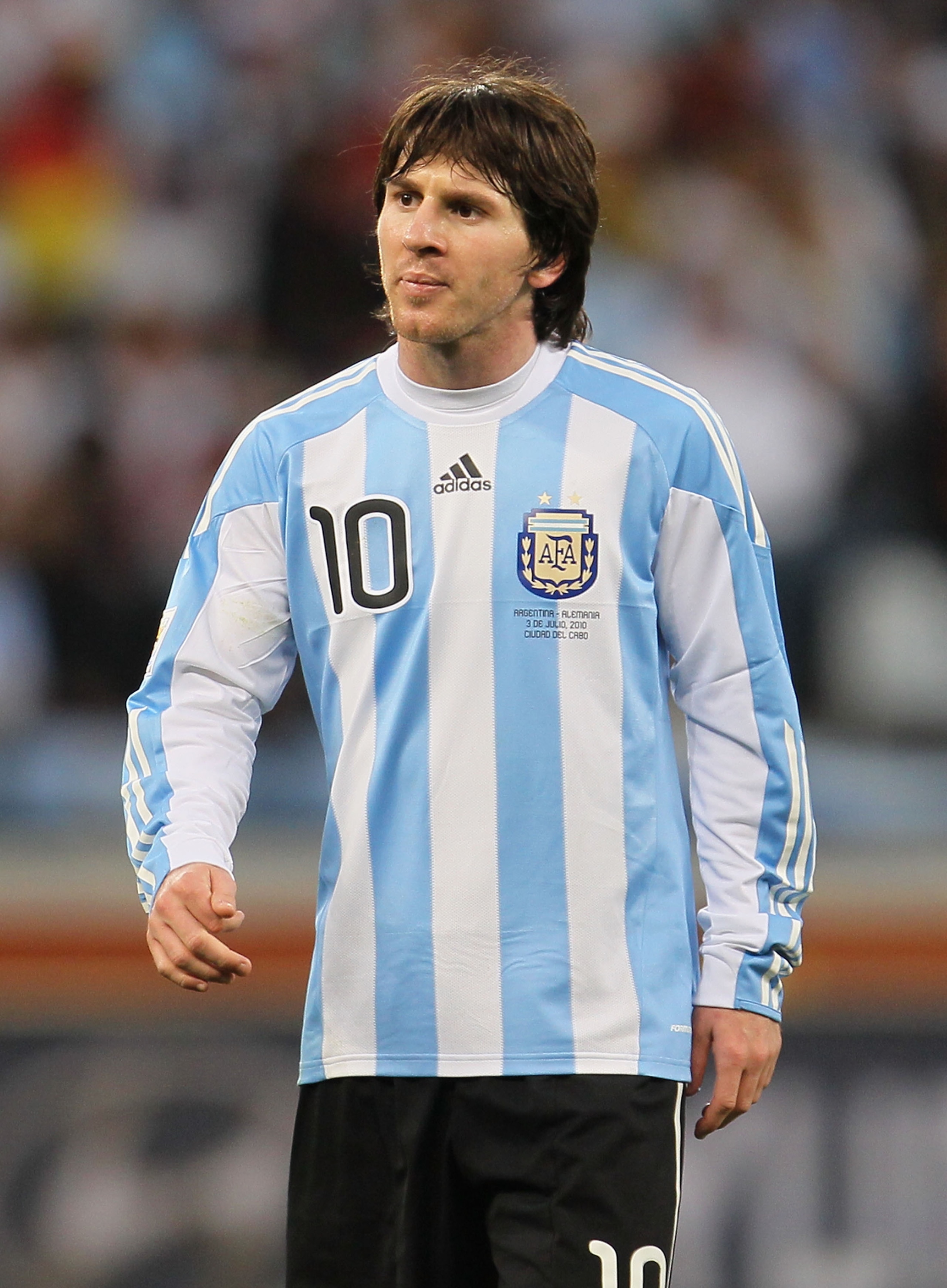 CAPE TOWN, SOUTH AFRICA - JULY 03: Lionel Messi of Argentina looks dejected during the 2010 FIFA World Cup South Africa Quarter Final match between Argentina and Germany at Green Point Stadium on July 3, 2010 in Cape Town, South Africa.  (Photo by Chris M
