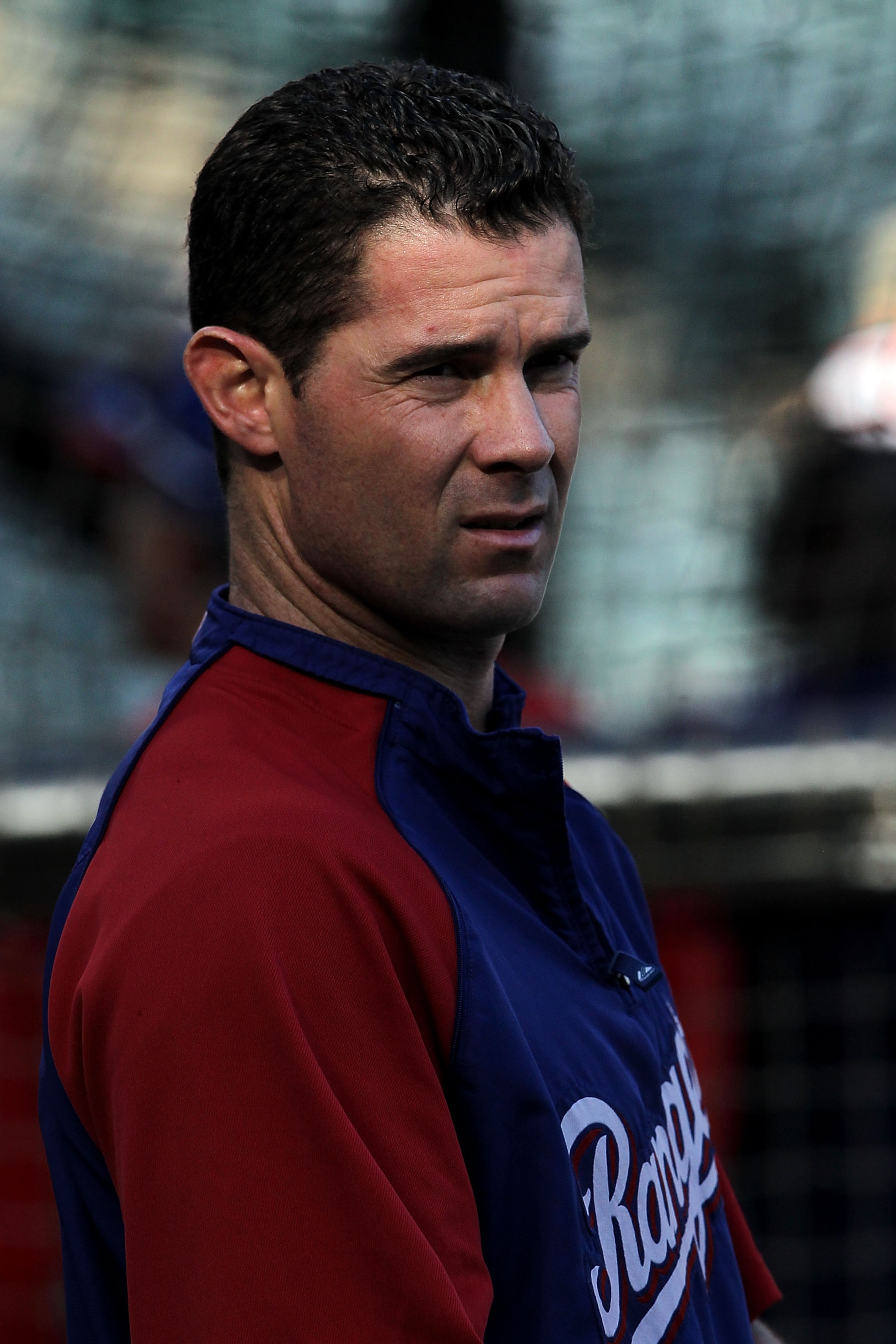 ARLINGTON, TX - NOVEMBER 01:  Michael Young #10 of the Texas Rangers looks on during batting practice against the San Francisco Giants in Game Five of the 2010 MLB World Series at Rangers Ballpark in Arlington on November 1, 2010 in Arlington, Texas.  (Ph