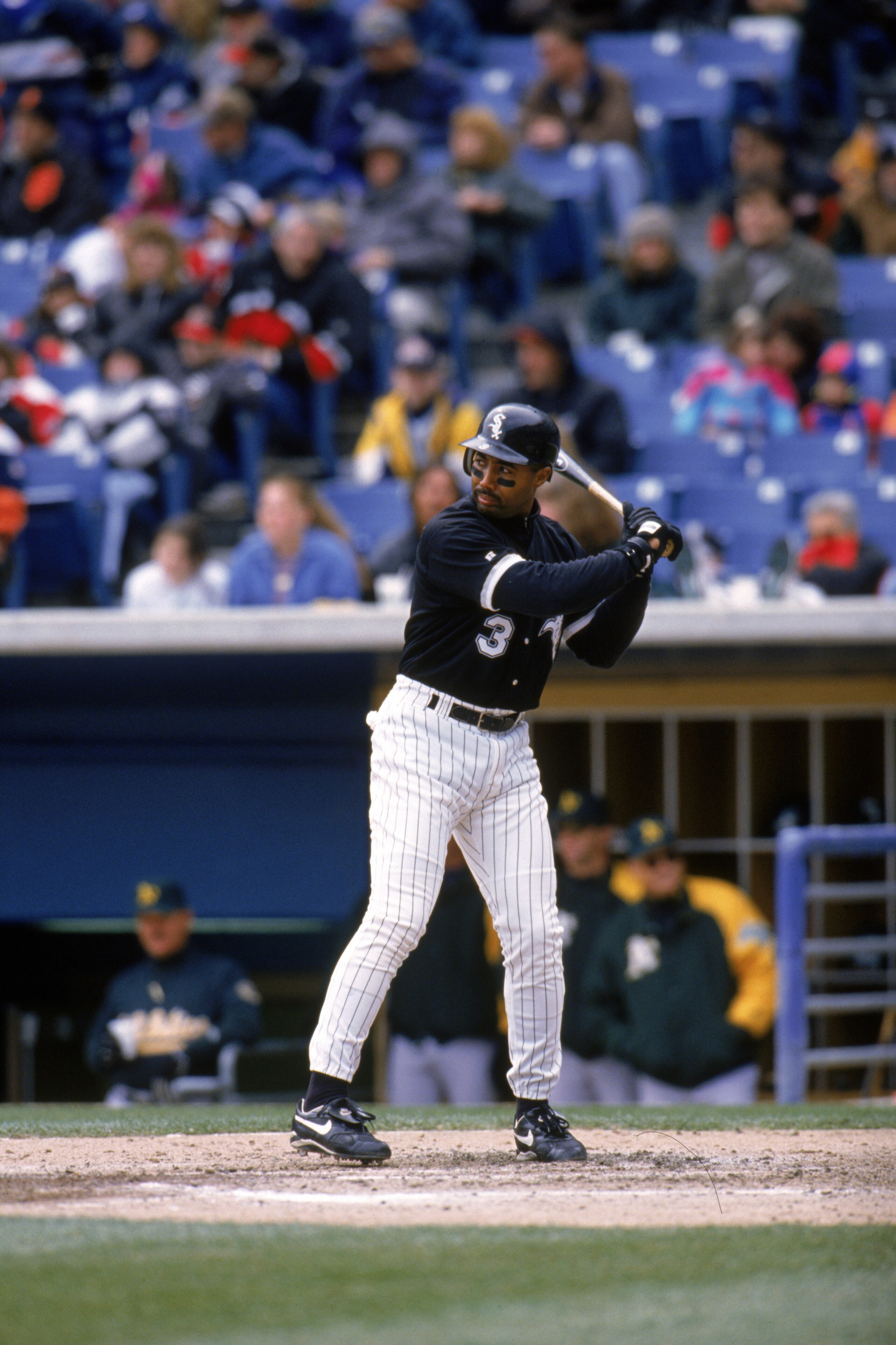 CHICAGO - APRIL 14:  Harold Baines #3 of the Chicago White Sox stands ready at the plate during a game against the Chicago White Sox at Comiskey Park on April 14, 1996 in Chicago, Illinois. (Photo by Jonathan Daniel/Getty Images)