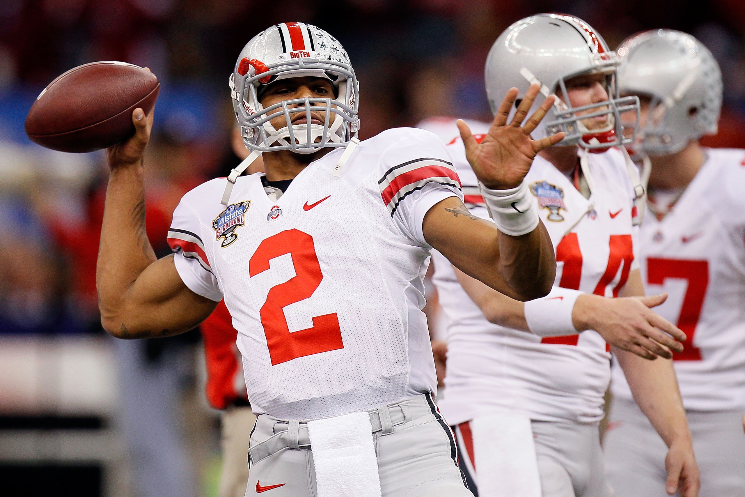 NEW ORLEANS, LA - JANUARY 04:  Quarterback Terrelle Pryor #2 of the Ohio State Buckeyes throws the ball during pregame warmups before taking on Arkansas Razorbacks in the Allstate Sugar Bowl at the Louisiana Superdome on January 4, 2011 in New Orleans, Lo