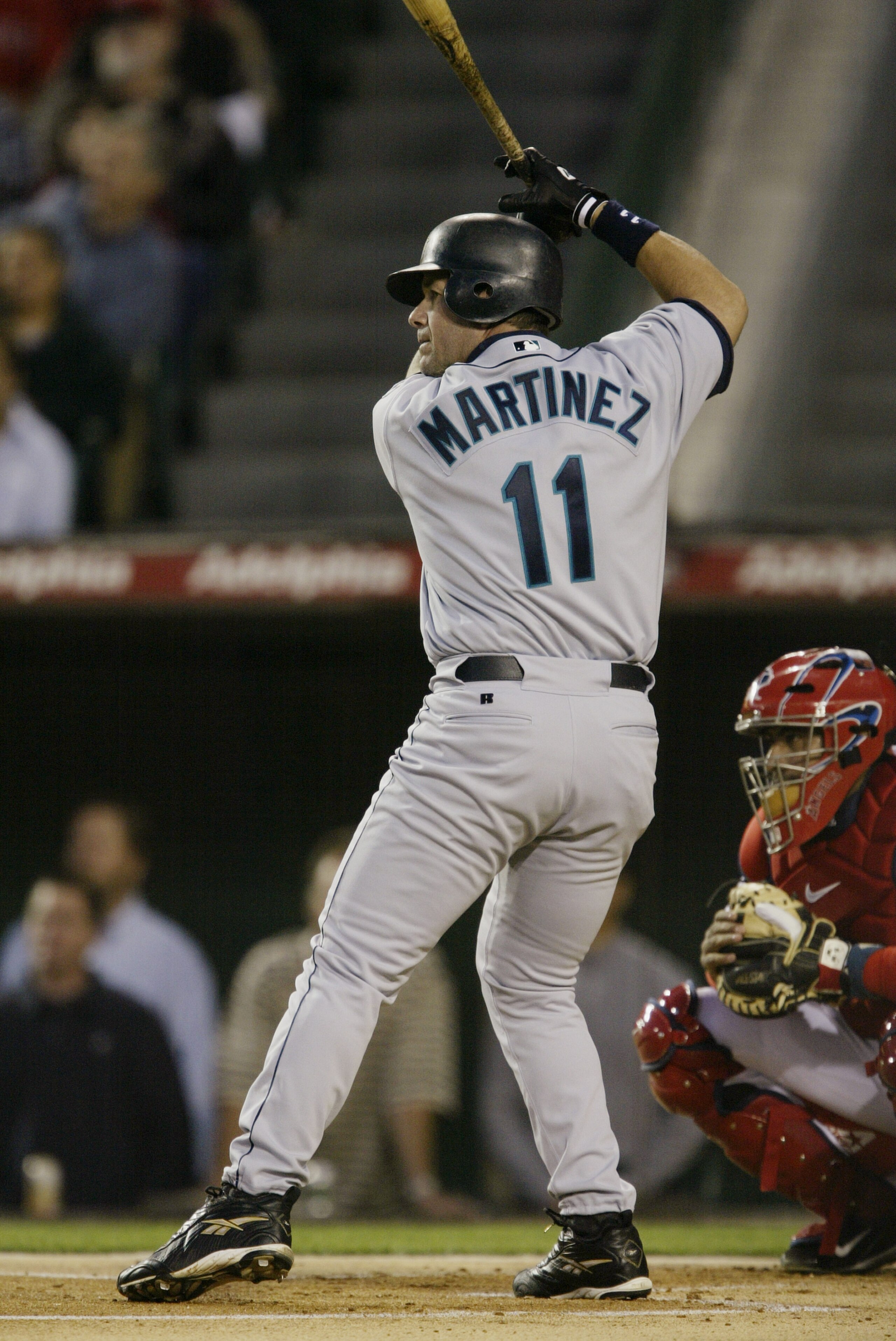 ANAHEIM, CA - APRIL 13:  Designated hitter Edgar Martinez #11 of the Seattle Mariners at bat during the game against the Anaheim Angels on April 13, 2004 at Angel Stadium in Anaheim, California.  The Angels, playing in their first home game of the season,