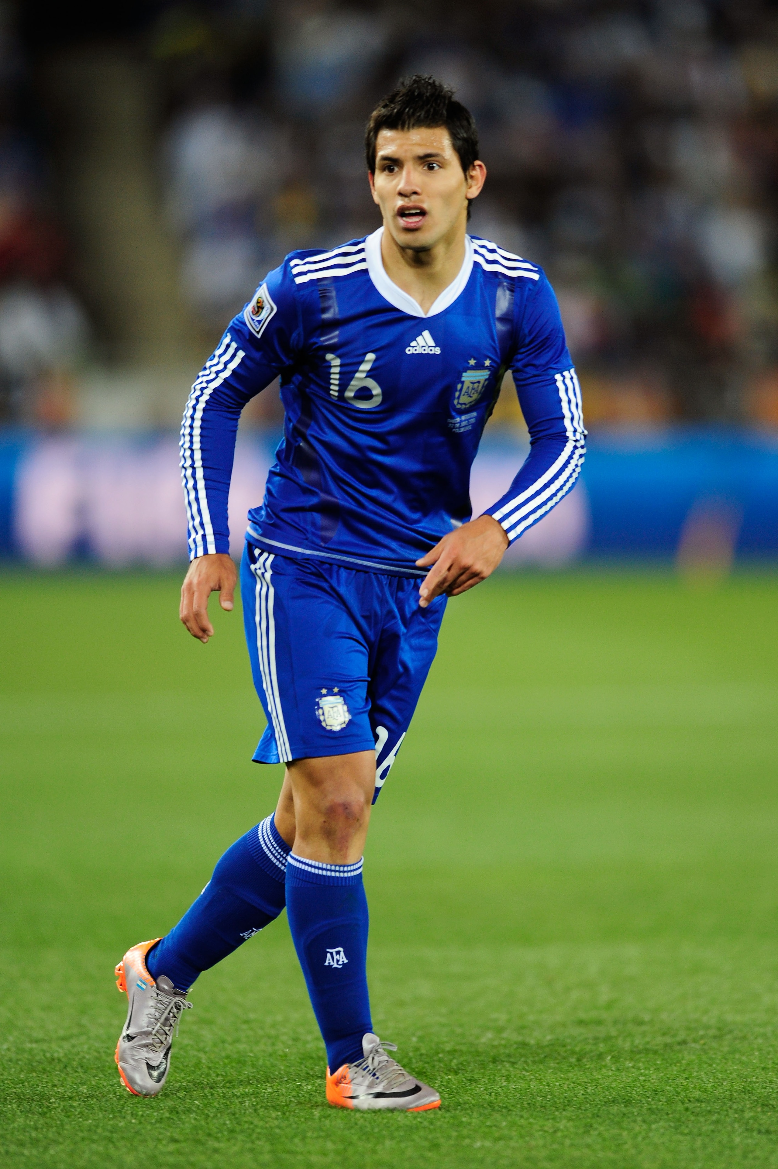 POLOKWANE, SOUTH AFRICA - JUNE 22:  Sergio Aguero of Argentina in action during the 2010 FIFA World Cup South Africa Group B match between Greece and Argentina at Peter Mokaba Stadium on June 22, 2010 in Polokwane, South Africa.  (Photo by Stuart Franklin