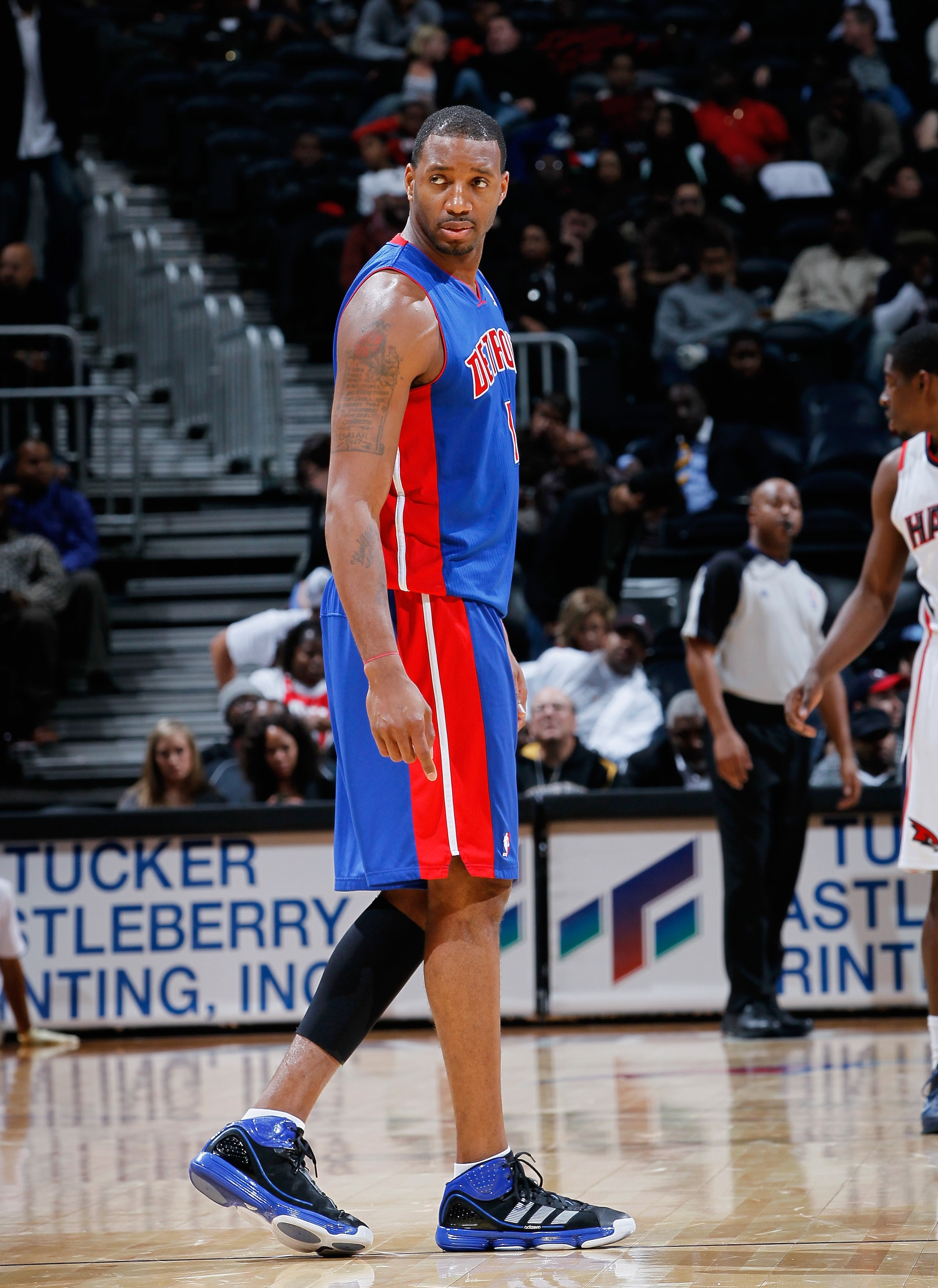 ATLANTA - NOVEMBER 03: Tracy McGrady #1 of the Detroit Pistons against the Atlanta Hawks at Philips Arena on November 3, 2010 in Atlanta, Georgia. NOTE TO USER: User expressly acknowledges and agrees that, by downloading and/or using this Photograph, Us ATLANTA - NOVEMBER 03: Tracy McGrady #1 of the Detroit Pistons against the Atlanta Hawks at Philips Arena on November 3, 2010 in Atlanta, Georgia. NOTE TO USER: User expressly acknowledges and agrees that, by downloading and/or using this Photograph, Us
