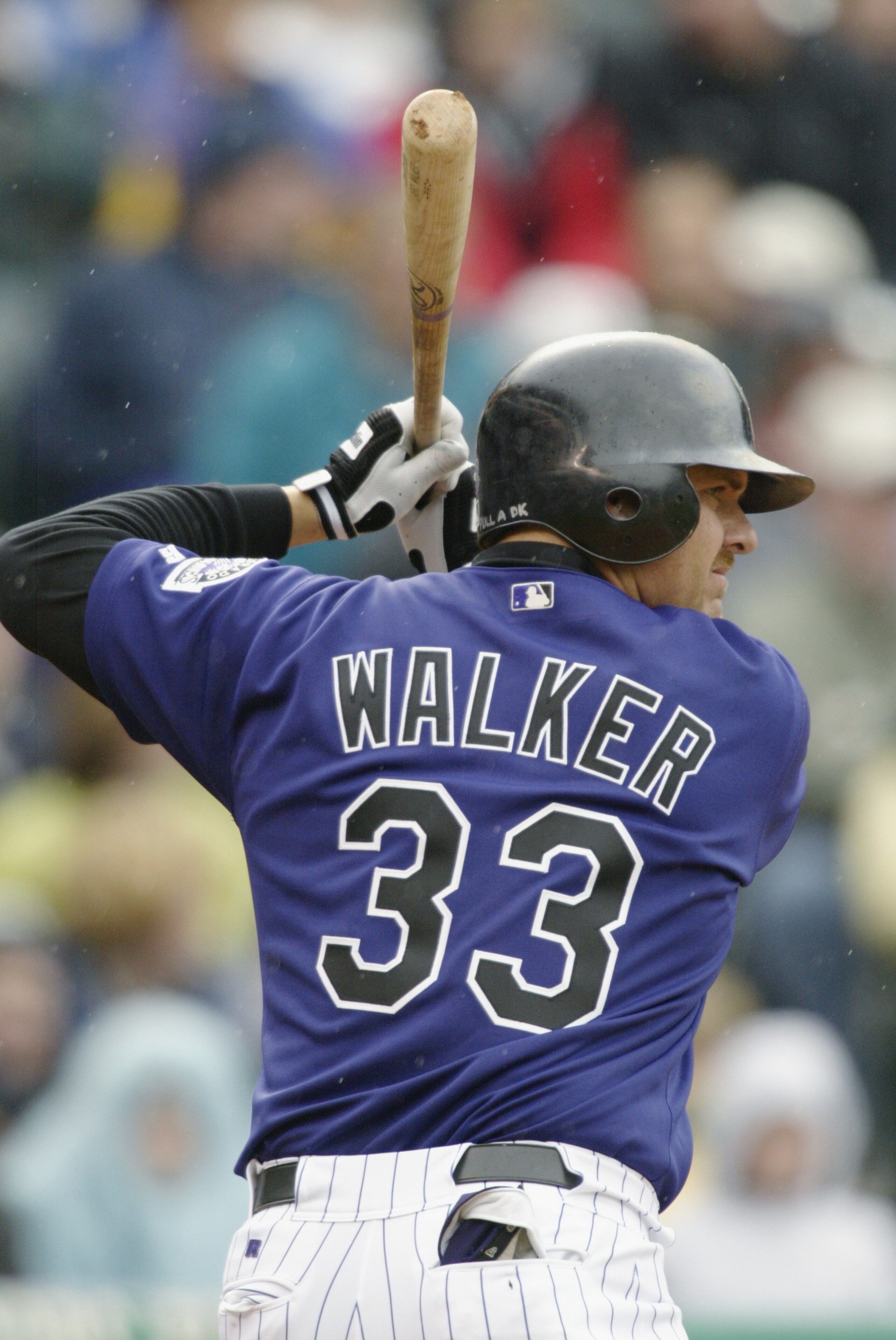 DENVER - APRIL 5:  Right fielder Larry Walker #33 of the Colorado Rockies waits for the pitch during the game against the Arizona Diamondbacks at Coors Field on April 5, 2003 in Denver, Colorado.  The Rockies defeated the Diamondbacks 4-3.  (Photo by Bria