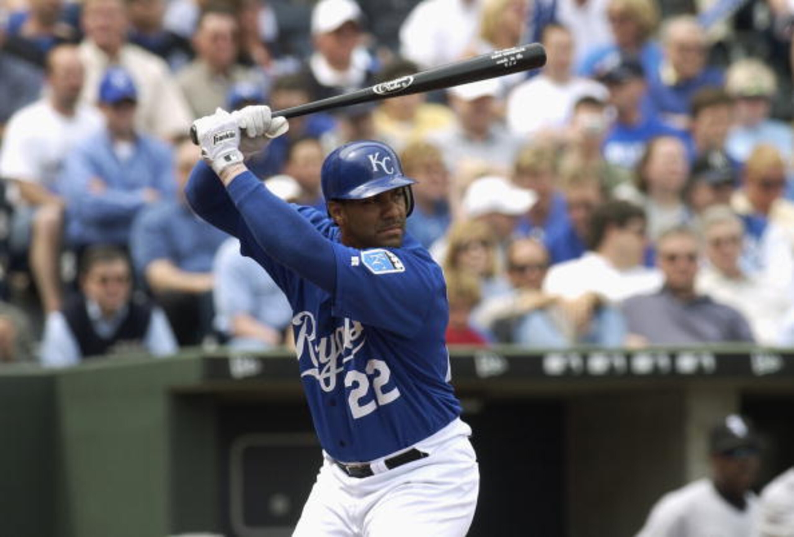 KANSAS CITY, MO - APRIL 5:  Juan Gonzalez #22 of the Kansas City Royals stands at bat during their game against the Chicago White Sox on Opening Day April 5, 2004 at Kauffman Stadium in Kansas City, Missouri.  The Royals won 9-7 after scoring six on two h