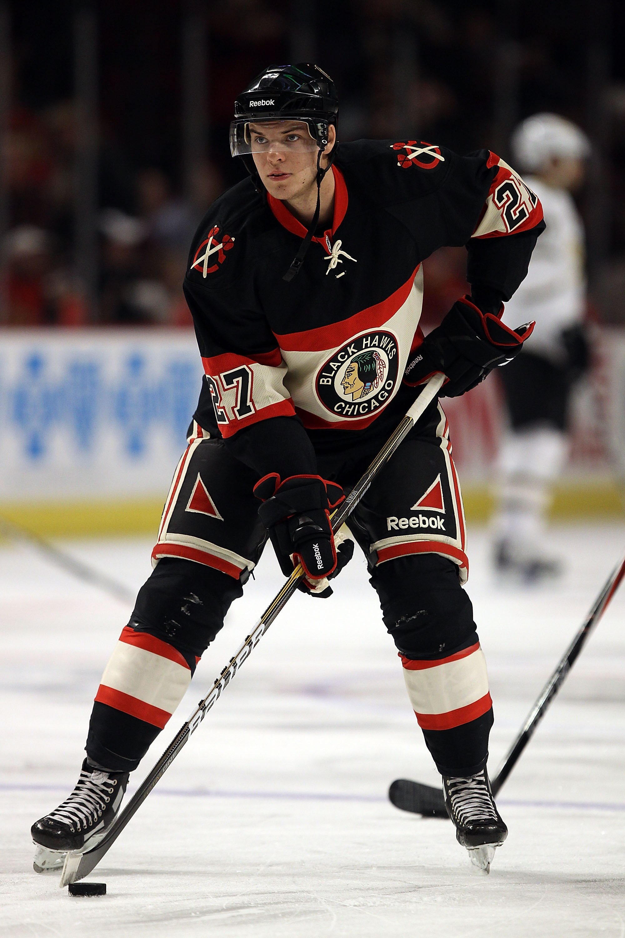 CHICAGO, IL - DECEMBER 08: Jeremy Morin #27 of the Chicago Blackhawks skates during warm-ups before a game against the Dallas Stars at the United Center on December 8, 2010 in Chicago, Illinois.  (Photo by Jonathan Daniel/Getty Images)