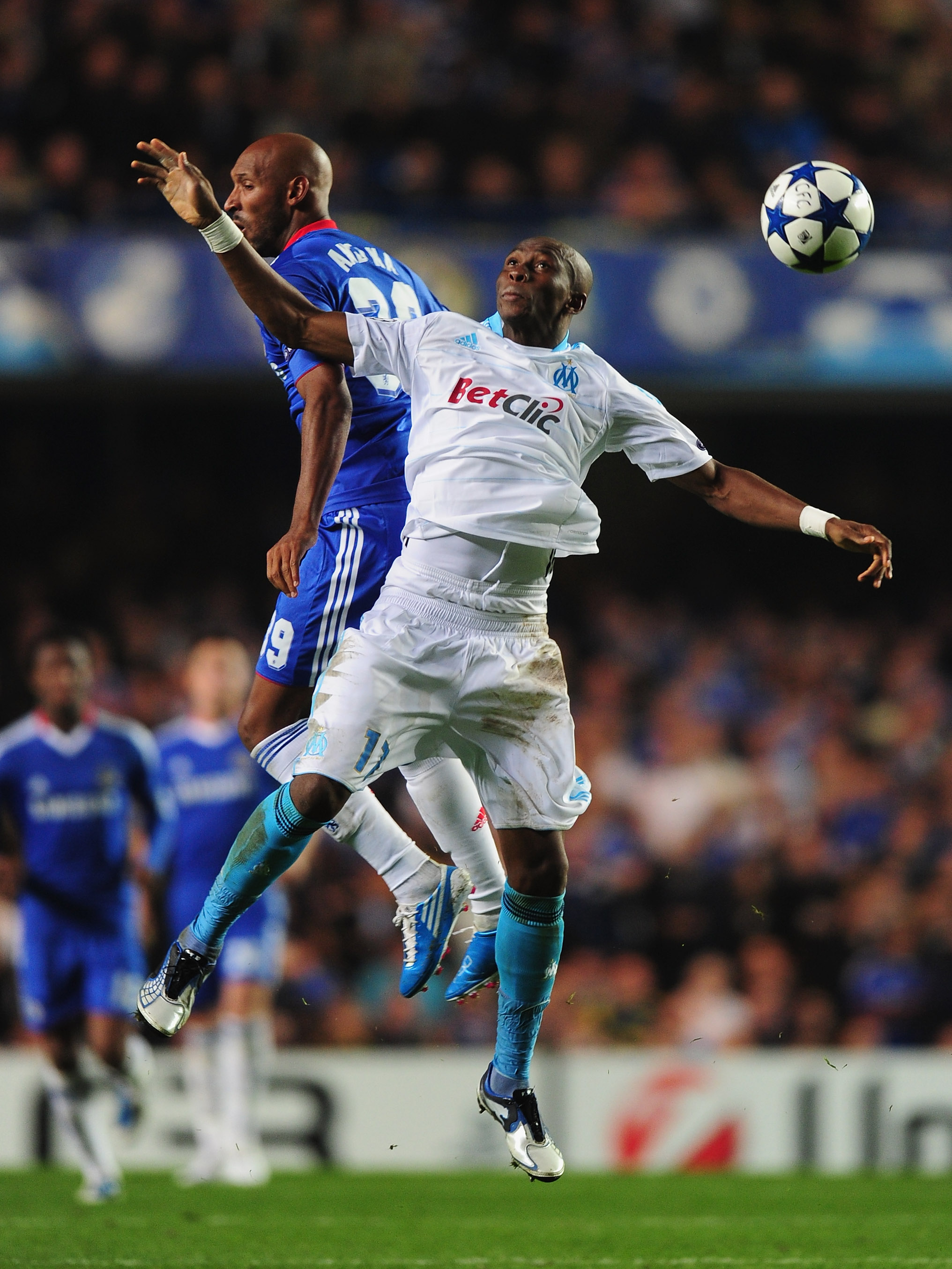 LONDON, ENGLAND - SEPTEMBER 28:  Nicolas Anelka of Chelsea challenges Stephane Mbia of Marseille during the UEFA Champions League Group F match between Chelsea and Marseille at Stamford Bridge on September 28, 2010 in London, England.  (Photo by Mike Hewi