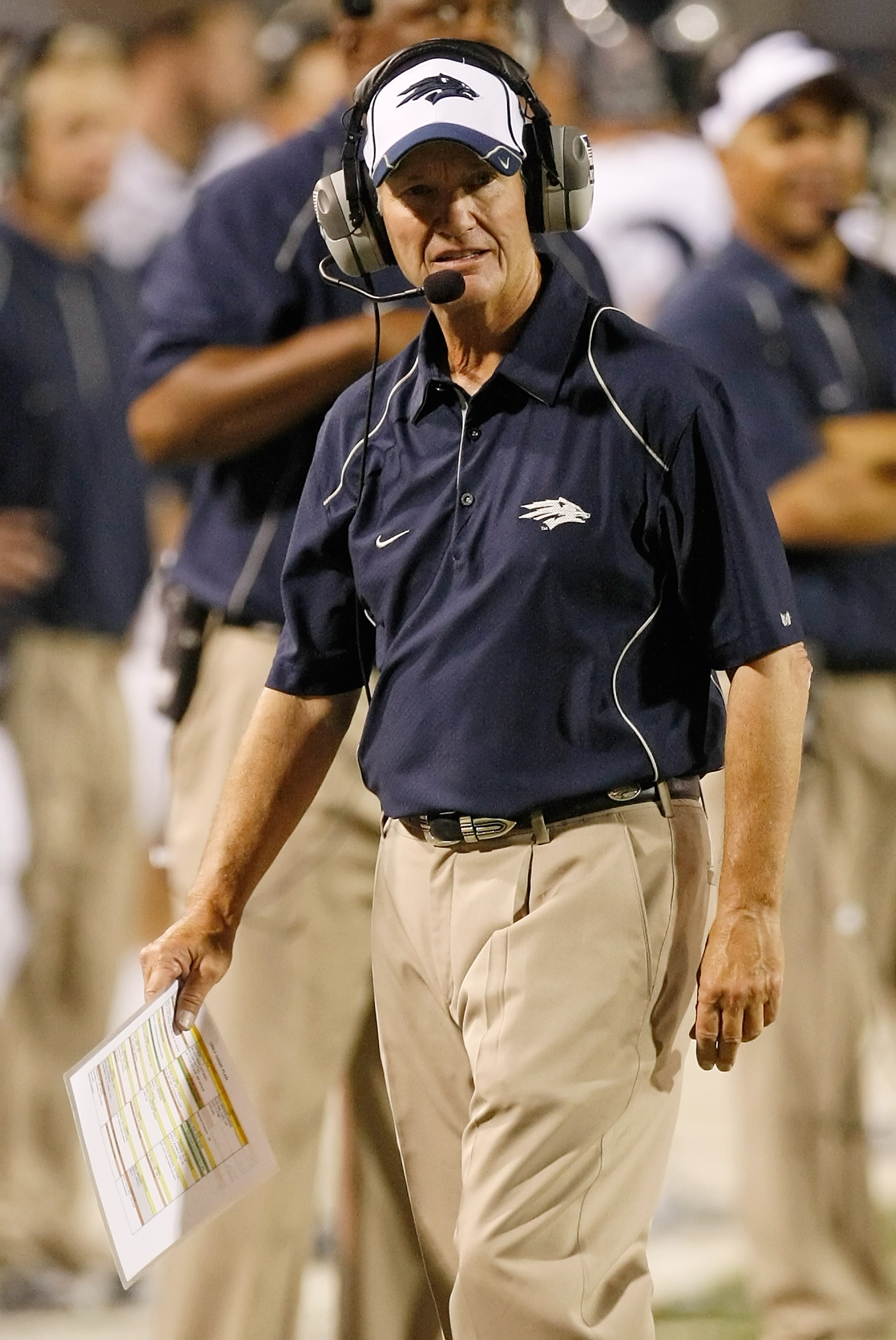 LAS VEGAS - OCTOBER 02: Nevada Reno Wolf Pack head coach Chris Ault watches his players take on the UNLV Rebels at Sam Boyd Stadium October 2, 2010 in Las Vegas, Nevada. Nevada Reno won 44-26. (Photo by Ethan Miller/Getty Images)