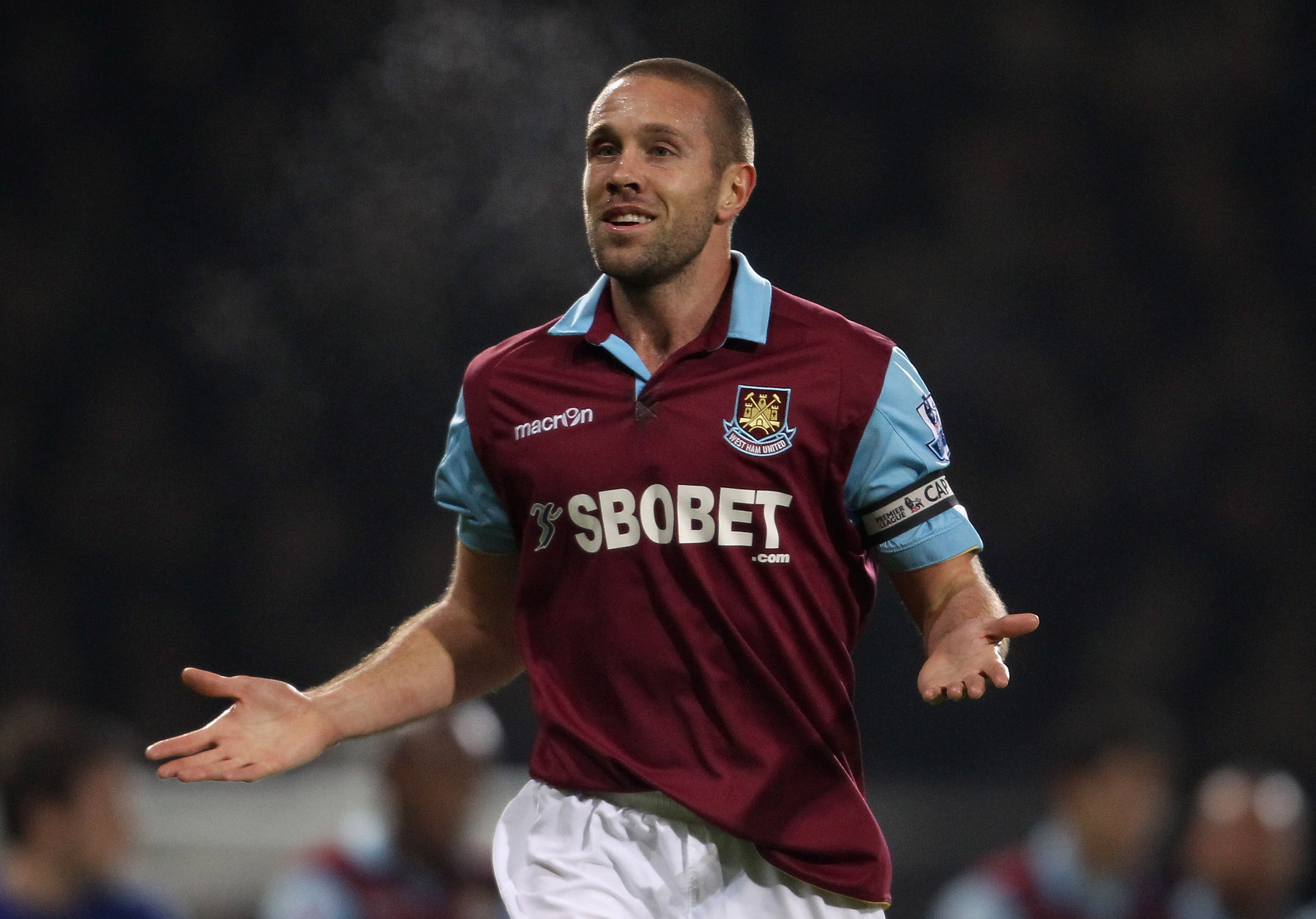 LONDON, ENGLAND - DECEMBER 28:  Matthew Upson of West Ham United celebrates the own goal by Tony Hibbert of Everton during the Barclays Premier League match between West Ham United and Everton at the Boleyn Ground on December 28, 2010 in London, England.