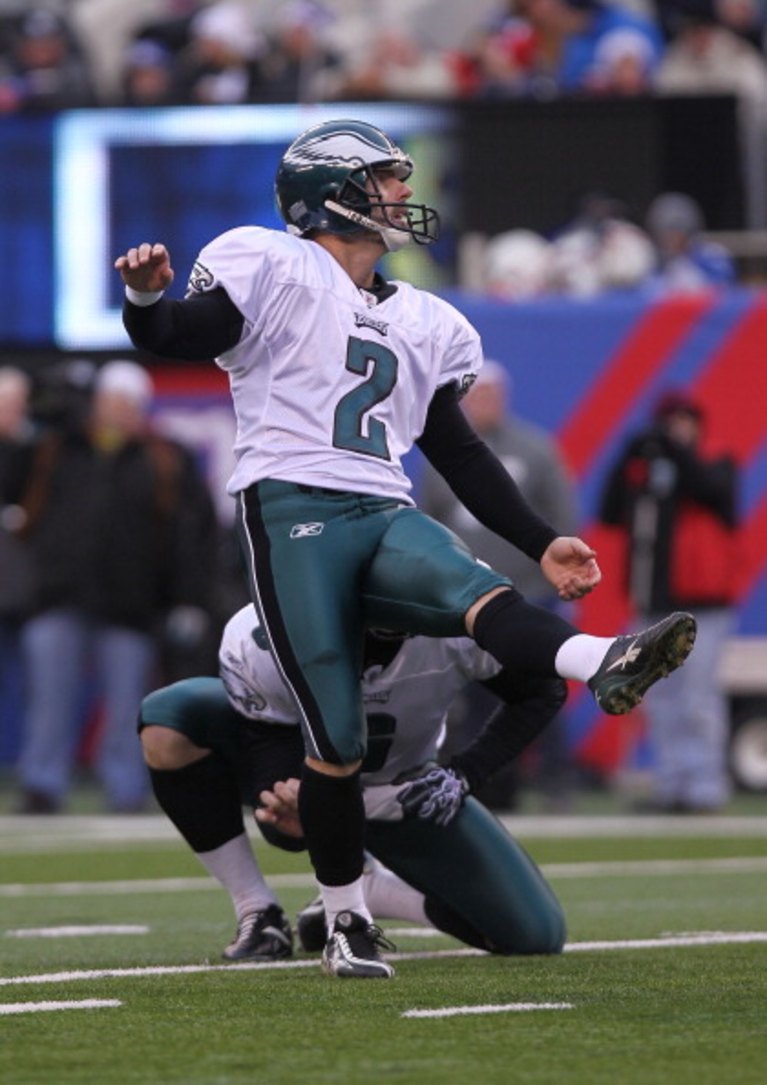 EAST RUTHERFORD, NJ - DECEMBER 19:  David Akers #2 of the Philadelphia Eagles kicks against the New York Giants at New Meadowlands Stadium on December 19, 2010 in East Rutherford, New Jersey.  (Photo by Nick Laham/Getty Images)