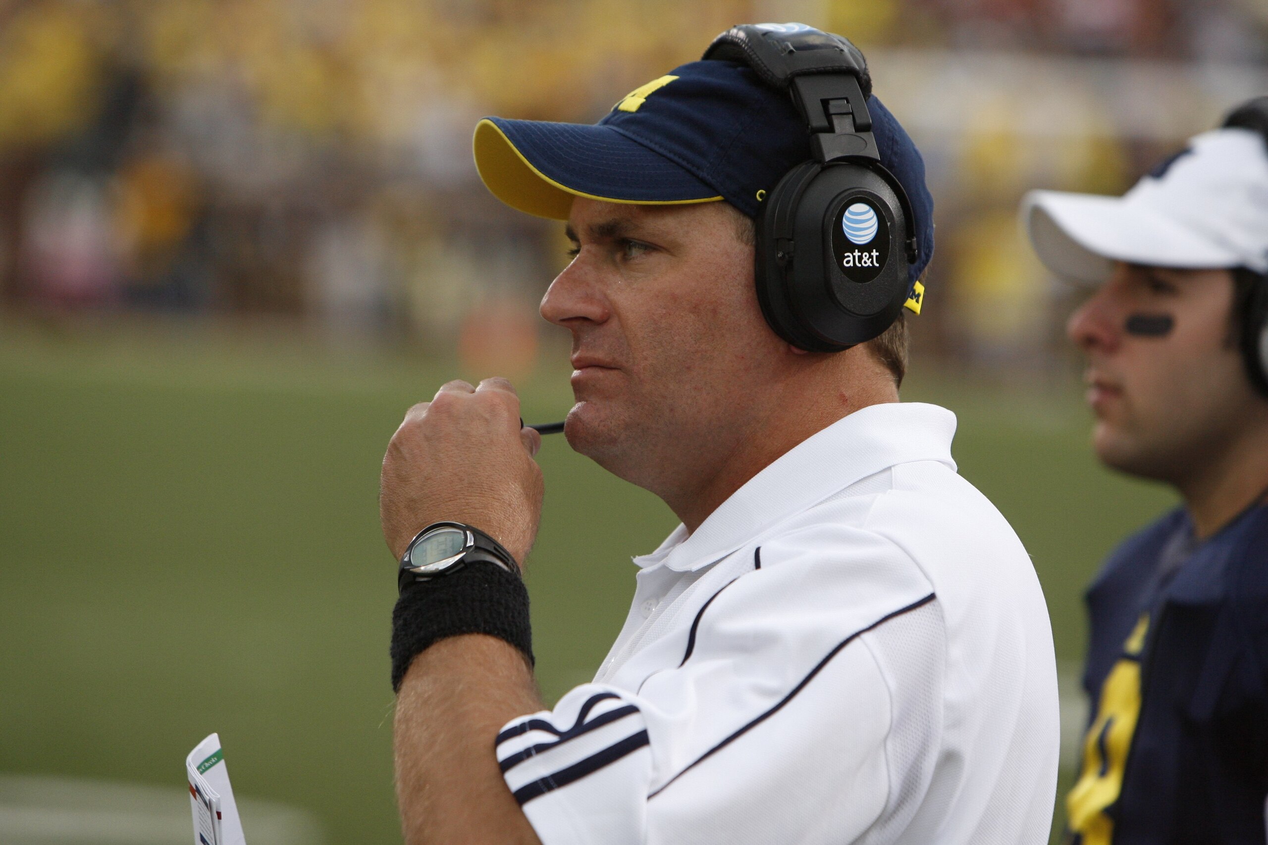 ANN ARBOR, MI - SEPTEMBER 27: Head coach Rich Rodriguez of the Michigan Wolverines looks on during the game against the Wisconsin Badgers on September 27, 2008 at Michigan Stadium in Ann Arbor, Michigan. (Photo by Gregory Shamus/Getty Images) ANN ARBOR, MI - SEPTEMBER 27: Head coach Rich Rodriguez of the Michigan Wolverines looks on during the game against the Wisconsin Badgers on September 27, 2008 at Michigan Stadium in Ann Arbor, Michigan. (Photo by Gregory Shamus/Getty Images)