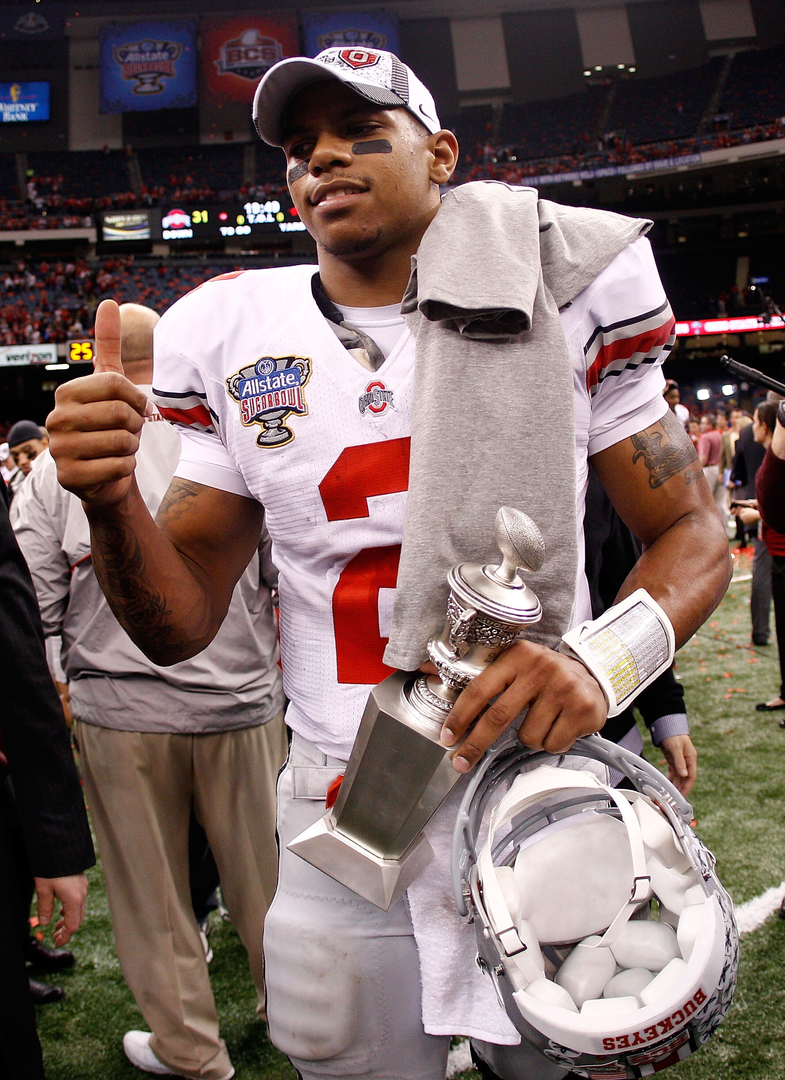 NEW ORLEANS, LA - JANUARY 04:  Quarterback Terrelle Pryor #2 of the Ohio State Buckeyes celebrates the Buckeyes 31-26 victory against the Arkansas Razorbacks during the Allstate Sugar Bowl at the Louisiana Superdome on January 4, 2011 in New Orleans, Loui