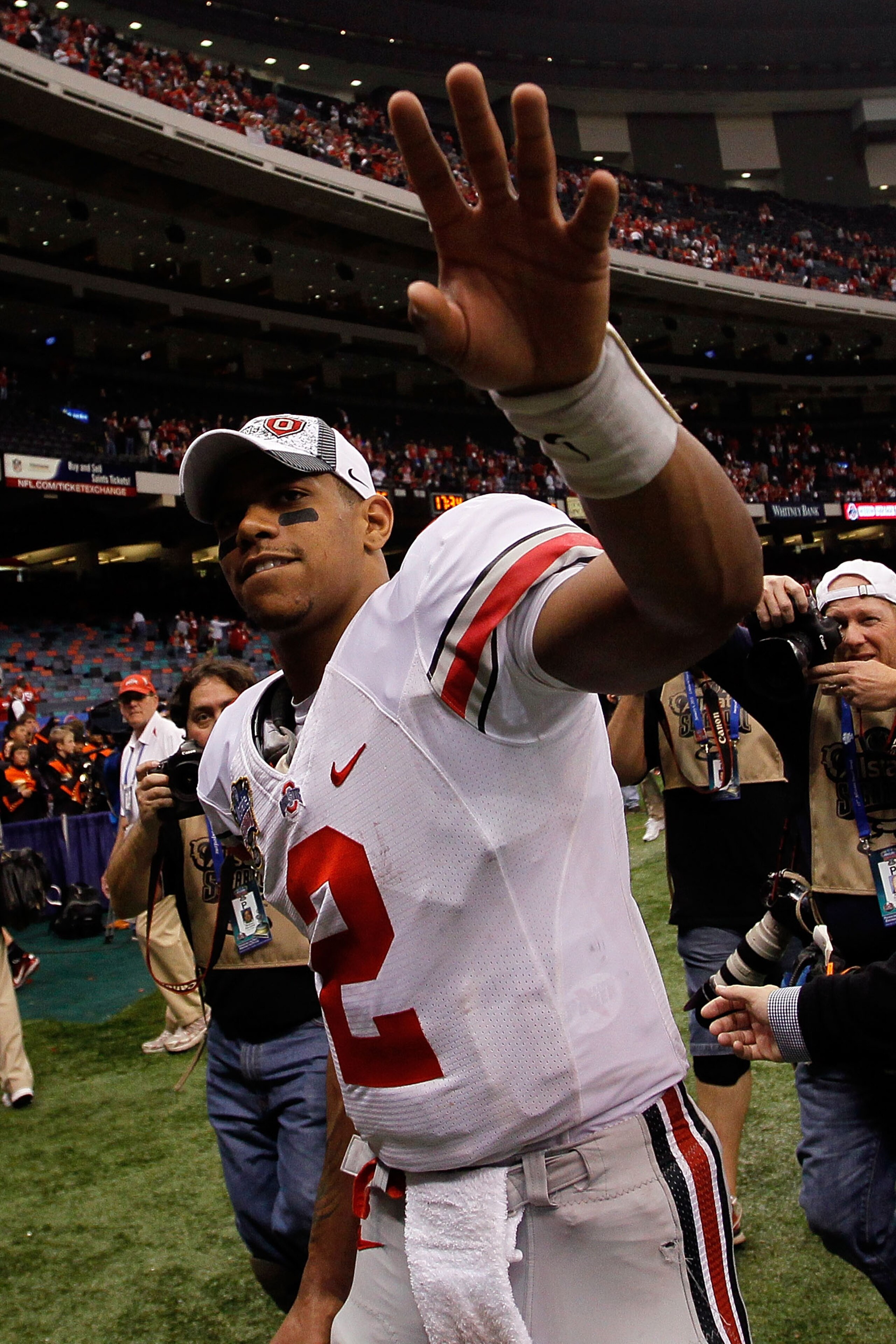 NEW ORLEANS, LA - JANUARY 04:  Quarterback Terrelle Pryor #2 of the Ohio State Buckeyes celebrates the Buckeyes 31-26 victory against the Arkansas Razorbacks during the Allstate Sugar Bowl at the Louisiana Superdome on January 4, 2011 in New Orleans, Loui