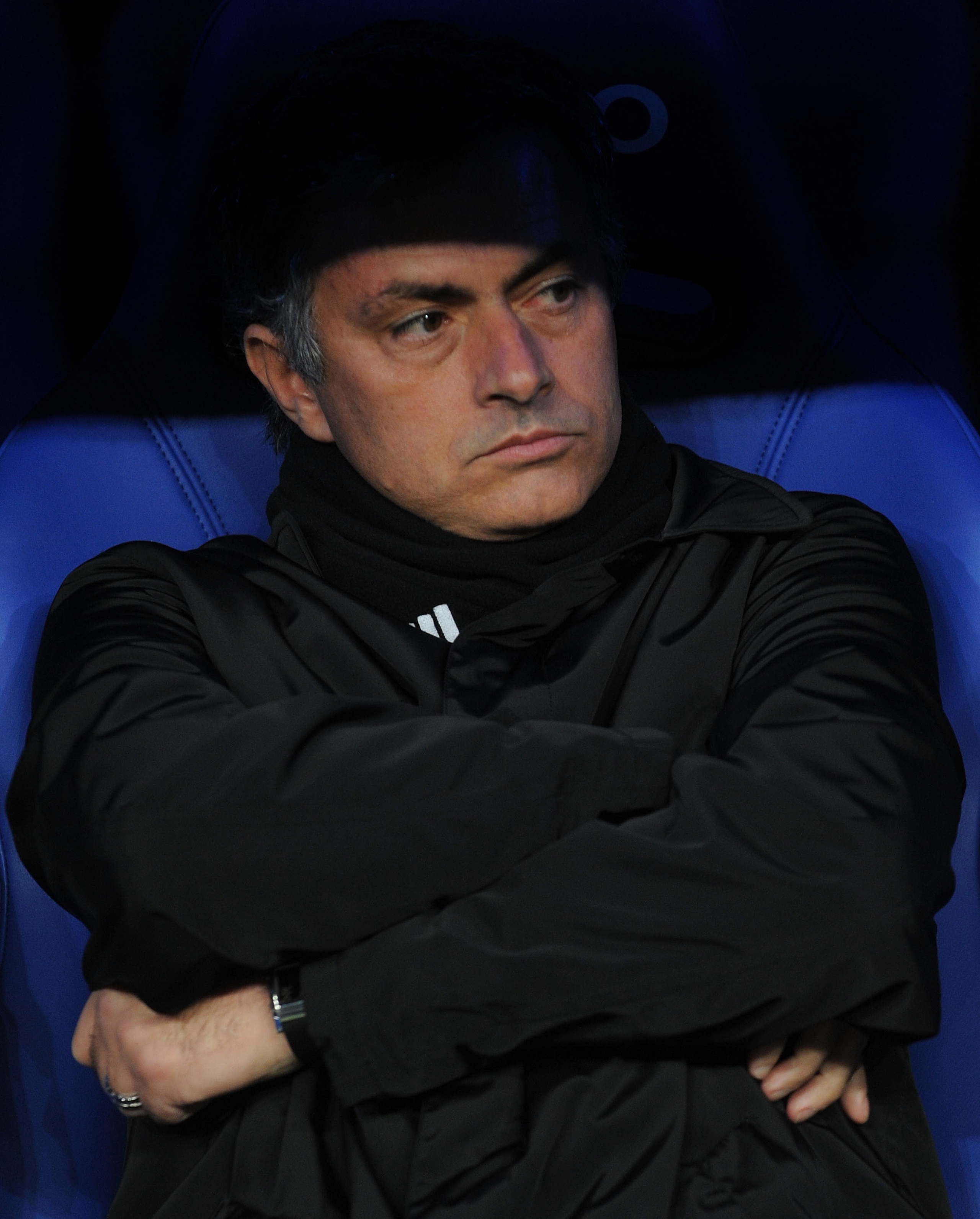 MADRID, SPAIN - DECEMBER 22:  Head coach Jose Mourinho of Real Madrid looks on before the first leg round of 16 Copa del Rey match between Real Madrid and Levante at Estadio Santiago Bernabeu on December 22, 2010 in Madrid, Spain.  (Photo by Denis Doyle/G