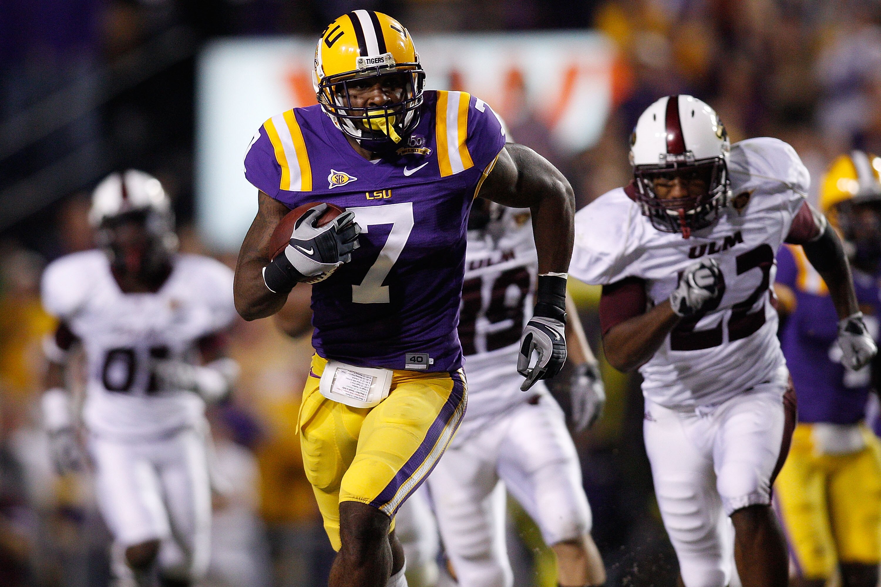 BATON ROUGE, LA - NOVEMBER 13: Patrick Peterson #7 of the Louisiana State University Tigers runs back an interception against the Louisiana Monroe Warhawks at Tiger Stadium on November 13, 2010 in Baton Rouge, Louisiana. (Photo by Chris Graythen/Getty I BATON ROUGE, LA - NOVEMBER 13: Patrick Peterson #7 of the Louisiana State University Tigers runs back an interception against the Louisiana Monroe Warhawks at Tiger Stadium on November 13, 2010 in Baton Rouge, Louisiana. (Photo by Chris Graythen/Getty I