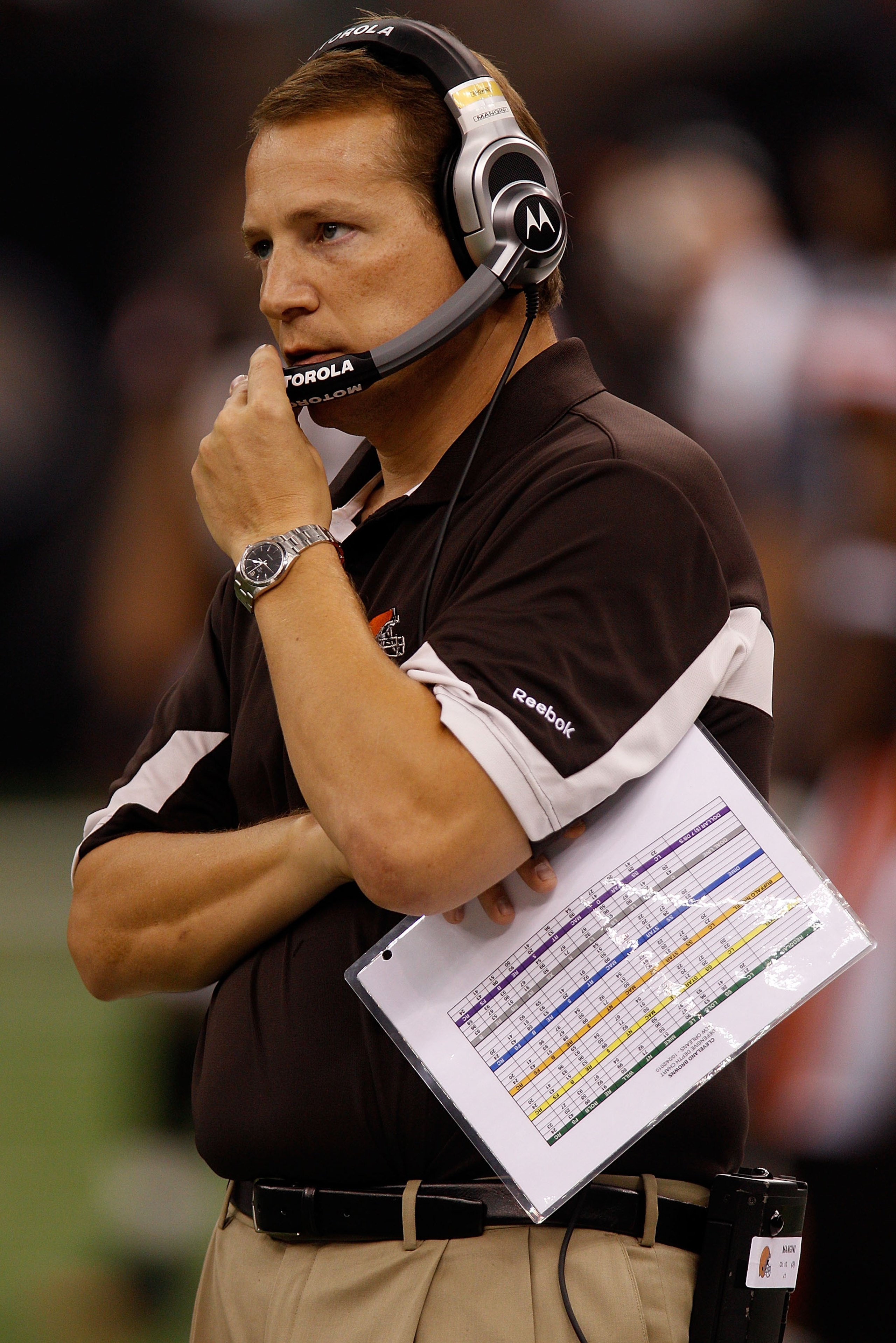 NEW ORLEANS - OCTOBER 24:  Head coach Eric Mangini of the Cleveland Browns watches a play during the game against the New Orleans Saints at the Louisiana Superdome on October 24, 2010 in New Orleans, Louisiana.  (Photo by Chris Graythen/Getty Images)