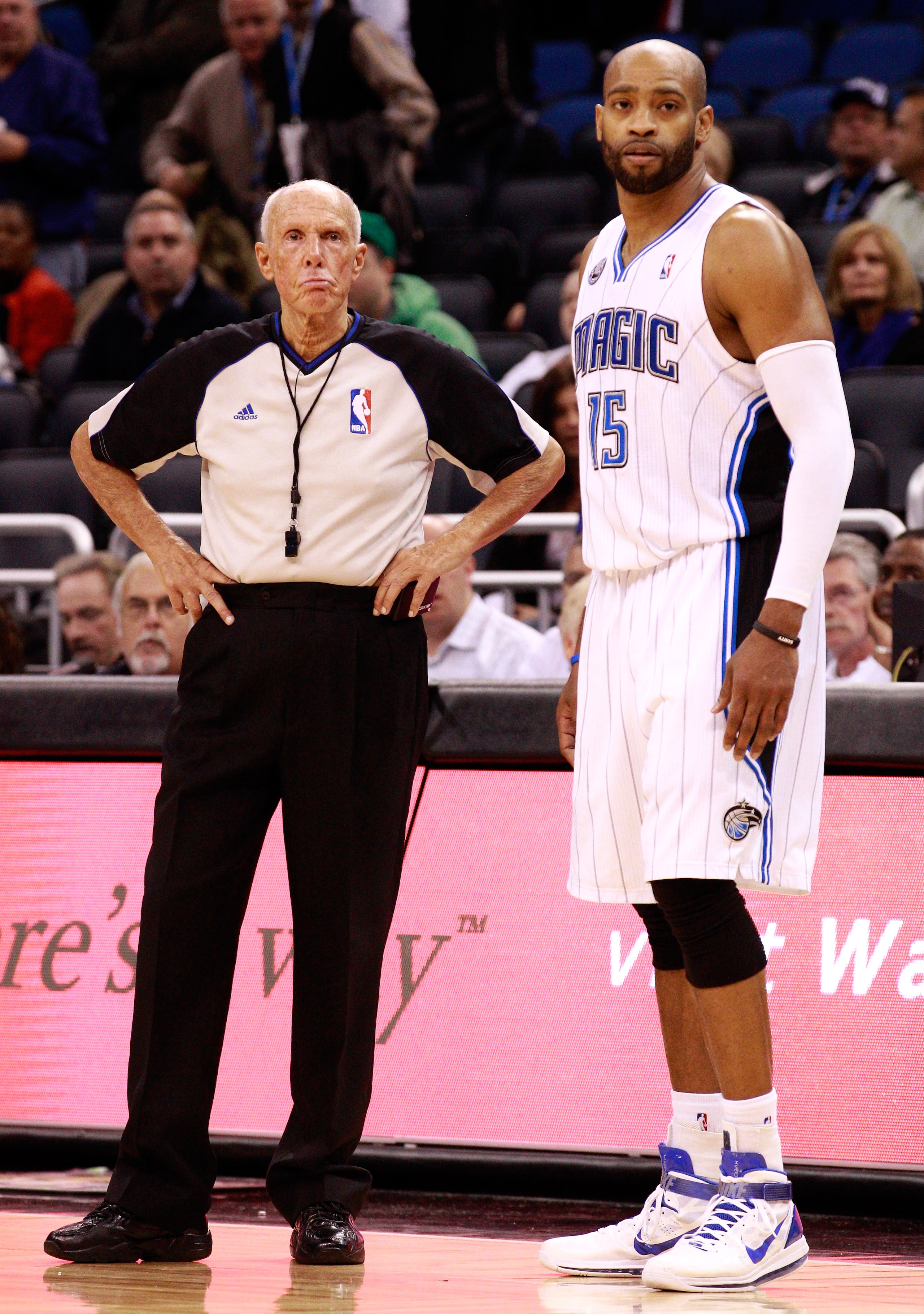 ORLANDO, FL - DECEMBER 06: Vince Carter #15 of the Orlando Magic stands with referee Dick Bavetta #27 during the game against the Atlanta Hawks at Amway Arena on December 6, 2010 in Orlando, Florida. NOTE TO USER: User expressly acknowledges and agrees t ORLANDO, FL - DECEMBER 06: Vince Carter #15 of the Orlando Magic stands with referee Dick Bavetta #27 during the game against the Atlanta Hawks at Amway Arena on December 6, 2010 in Orlando, Florida. NOTE TO USER: User expressly acknowledges and agrees t