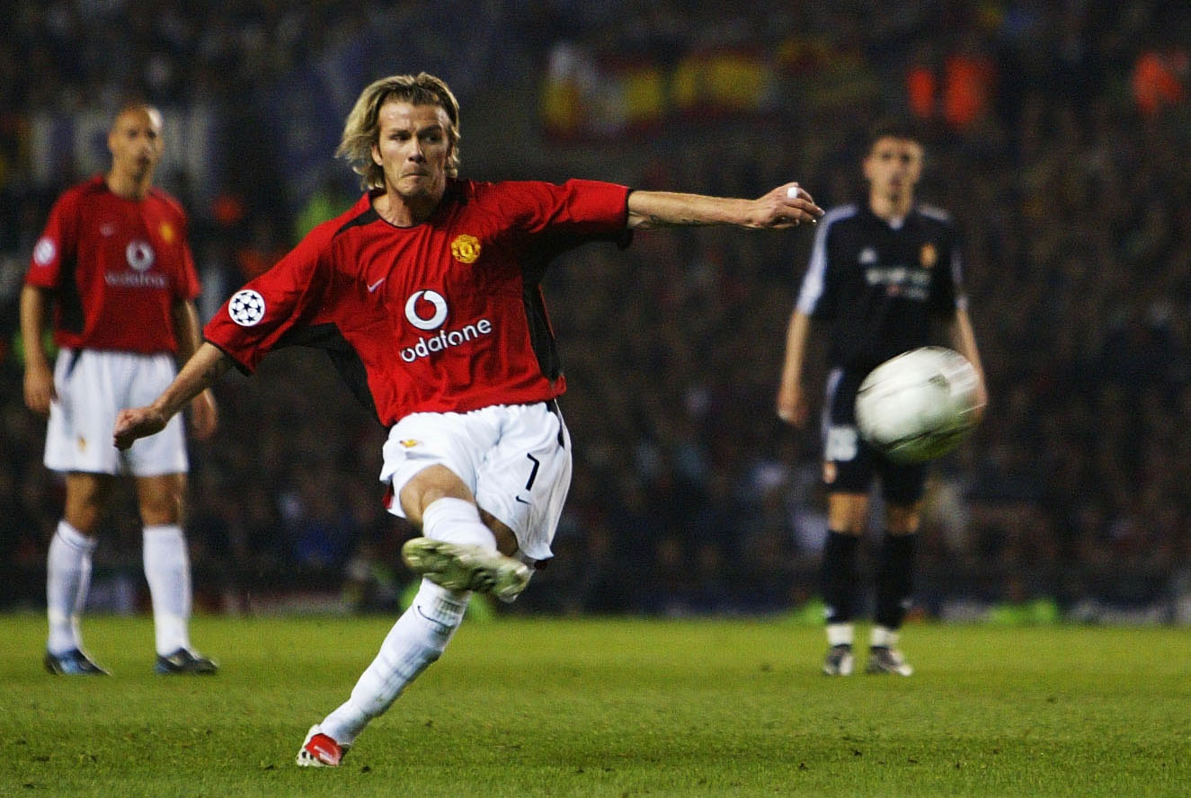 MANCHESTER, ENGLAND - APRIL 23: (FILE PHOTO) David Beckham of Manchester United scores the third goal from a free kick during the UEFA Champions League quarter final, second leg match between Manchester United and Real Madrid on April 23, 2003 at Old Traf