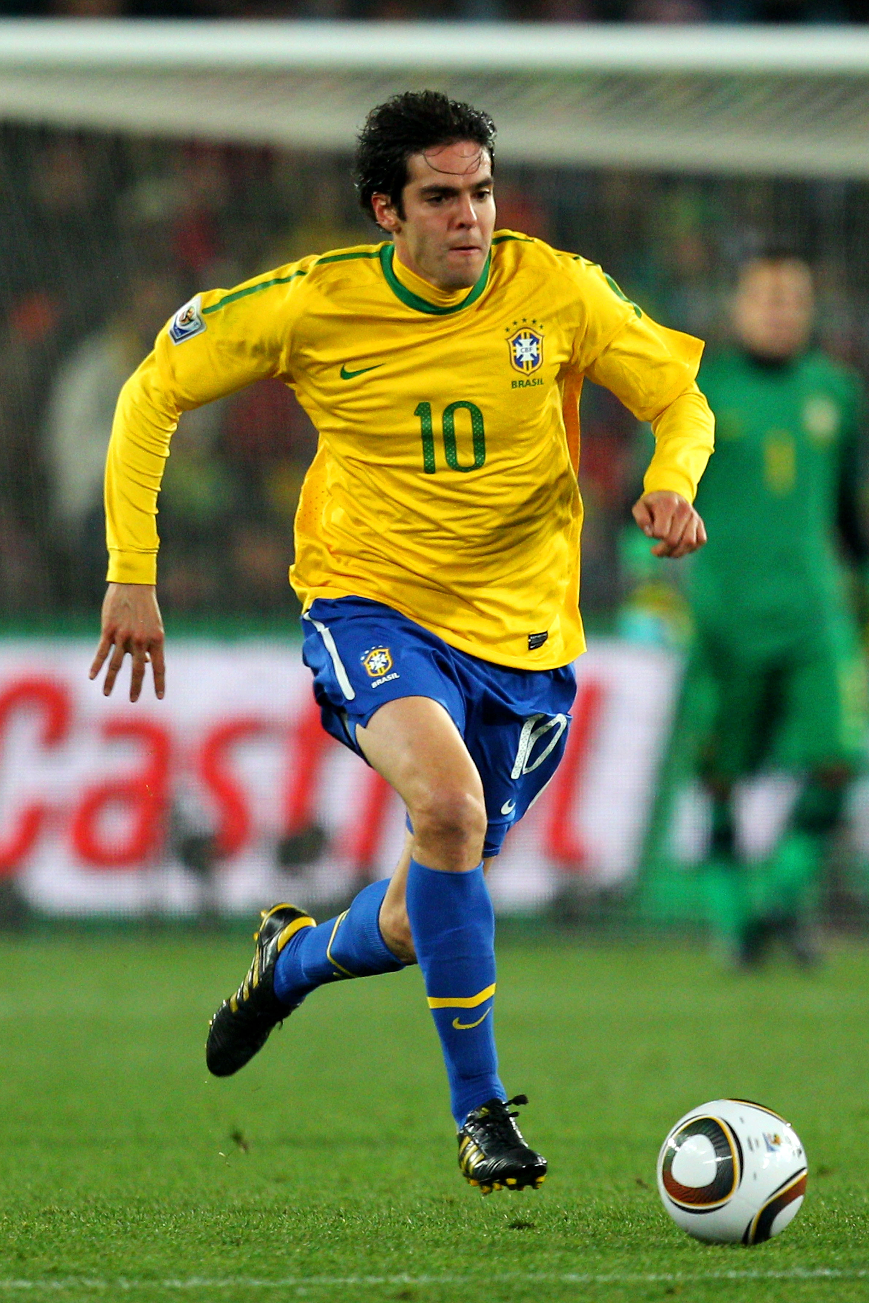 JOHANNESBURG, SOUTH AFRICA - JUNE 28:  Kaka of Brazil runs with the ball during the 2010 FIFA World Cup South Africa Round of Sixteen match between Brazil and Chile at Ellis Park Stadium on June 28, 2010 in Johannesburg, South Africa.  (Photo by Cameron S