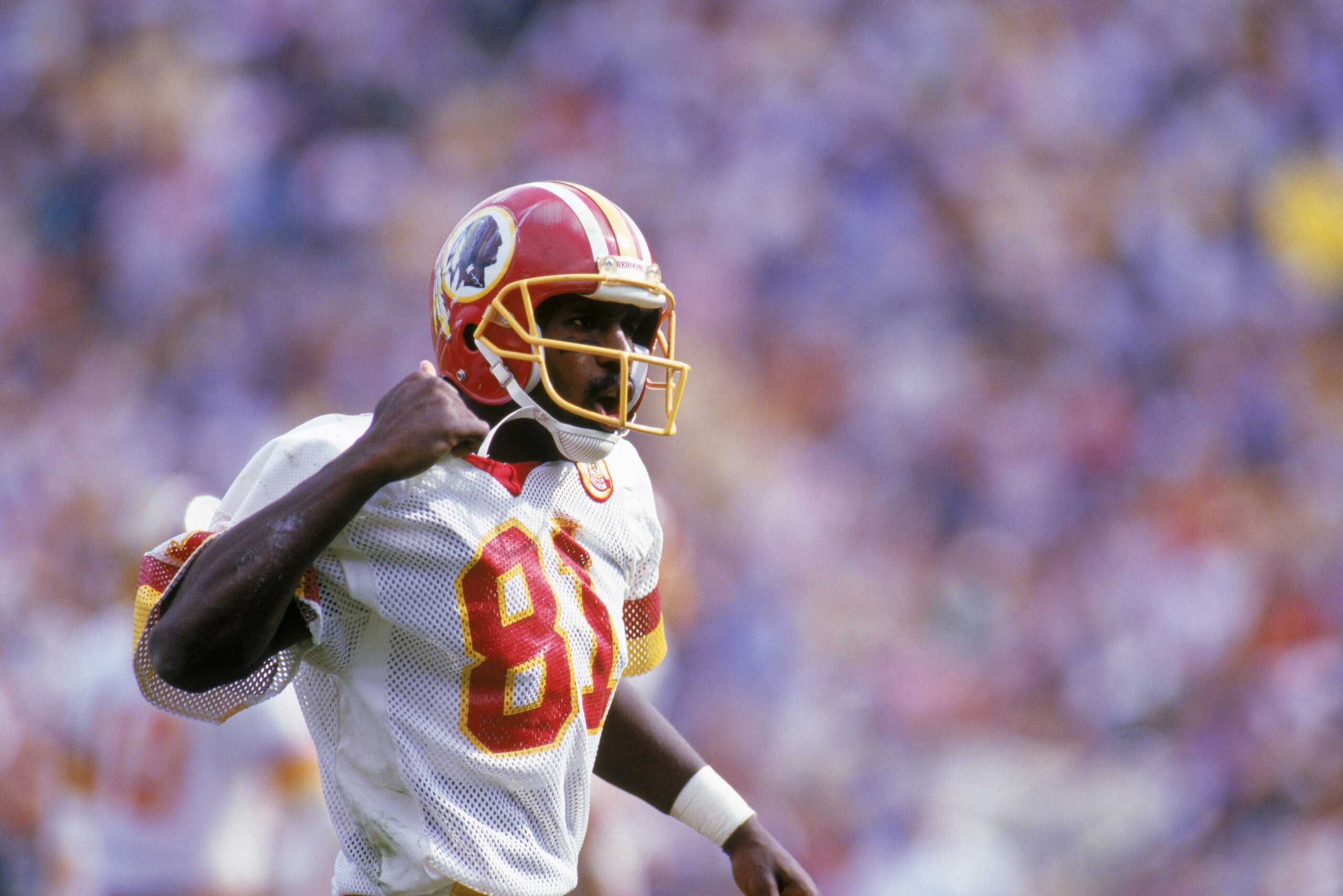 1986: Wide receiver Art Monk #81 of the Washington Redskins reacts during a 1986 NFL season game. (Photo by Rick Stewart/Getty Images) 1986: Wide receiver Art Monk #81 of the Washington Redskins reacts during a 1986 NFL season game. (Photo by Rick Stewart/Getty Images)