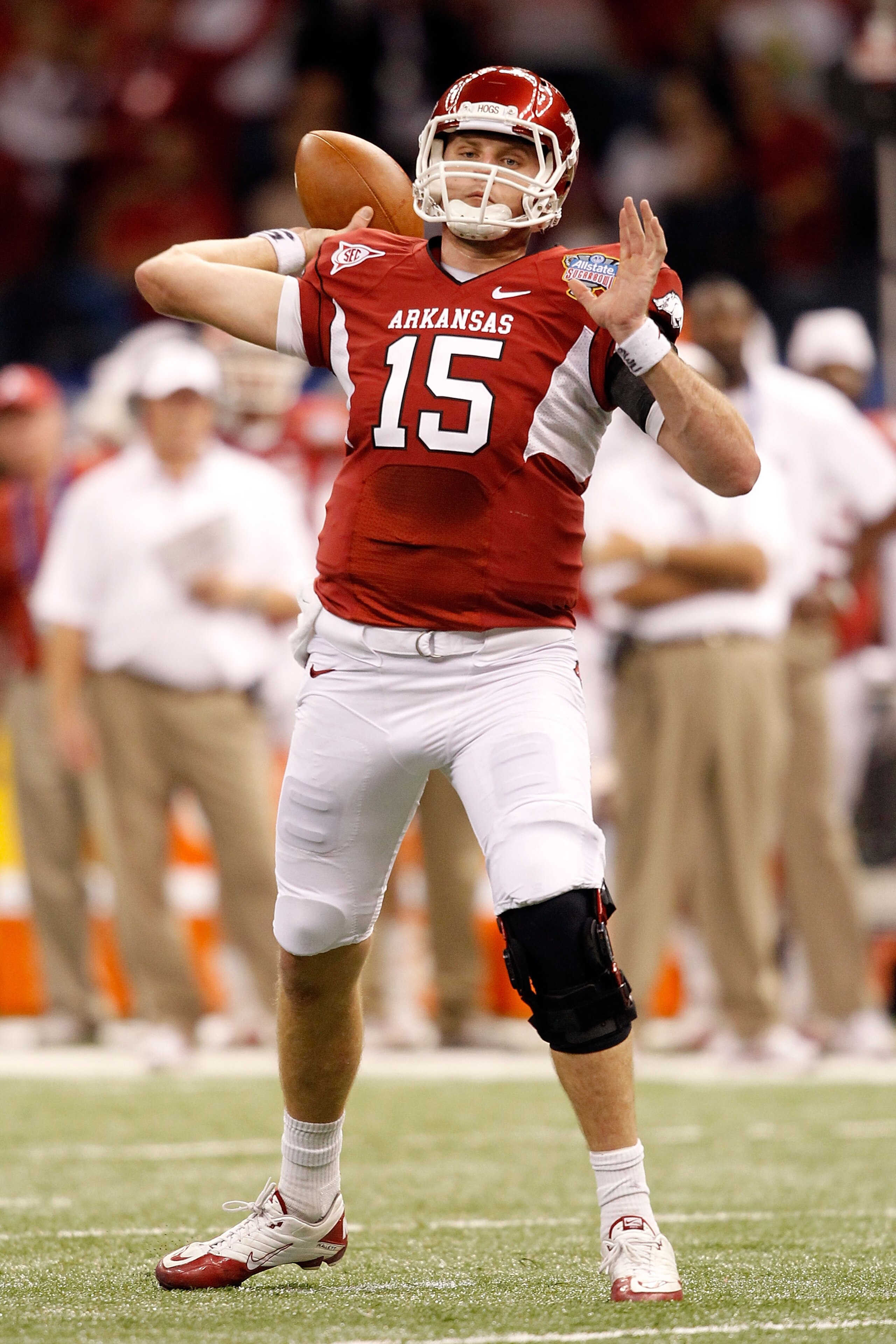 NEW ORLEANS, LA - JANUARY 04:  Ryan Mallett #15 of the Arkansas Razorbacks looks to pass in the first half against the Ohio State Buckeyes during the Allstate Sugar Bowl at the Louisiana Superdome on January 4, 2011 in New Orleans, Louisiana.  (Photo by M