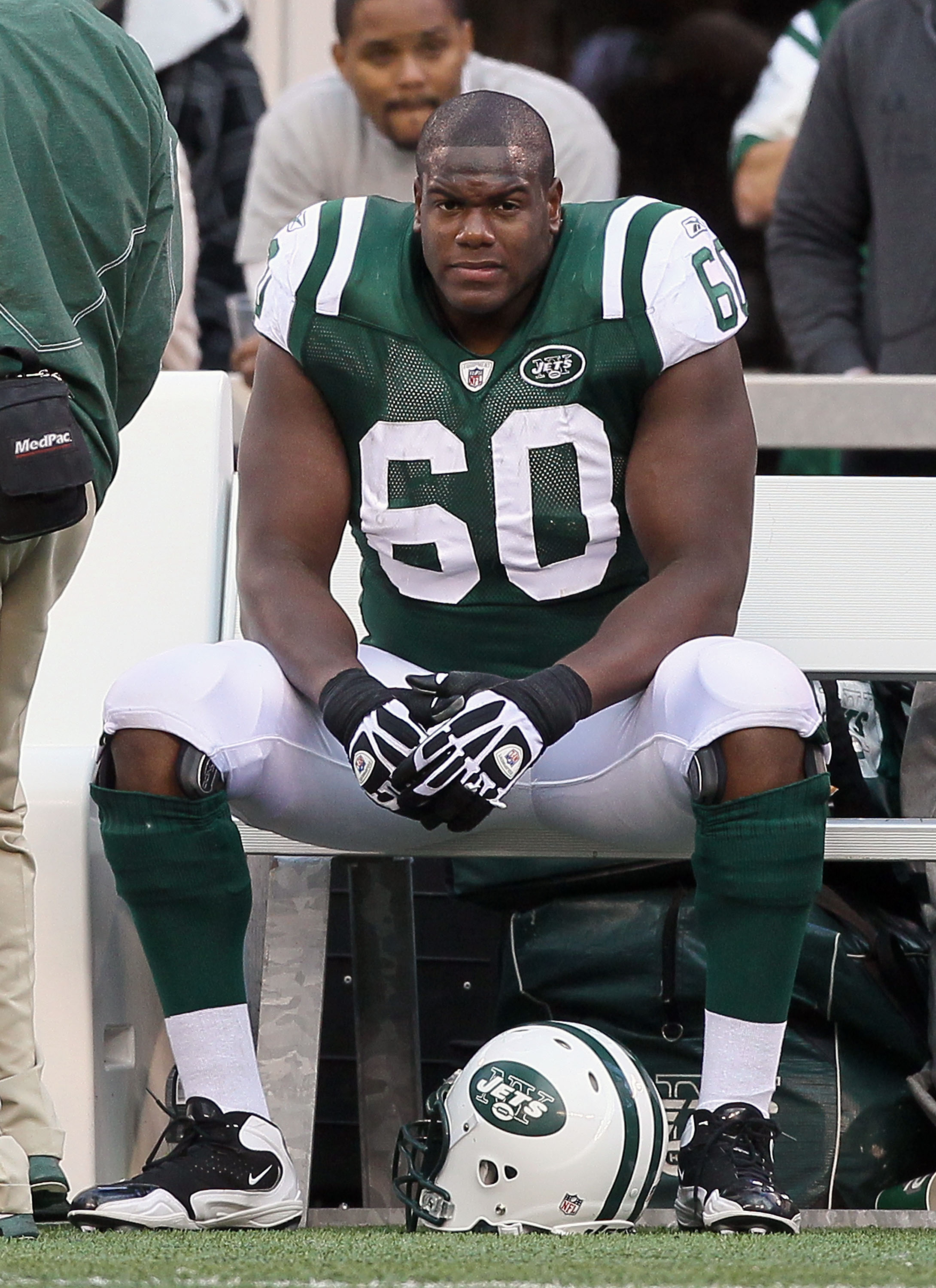 EAST RUTHERFORD, NJ - OCTOBER 31:  D'Brickashaw Ferguson #60 of the New York Jets looks on late in the game against the Green Bay Packers on October 31, 2010 at the New Meadowlands Stadium in East Rutherford, New Jersey. The Packers defeated the Jets 9-0.
