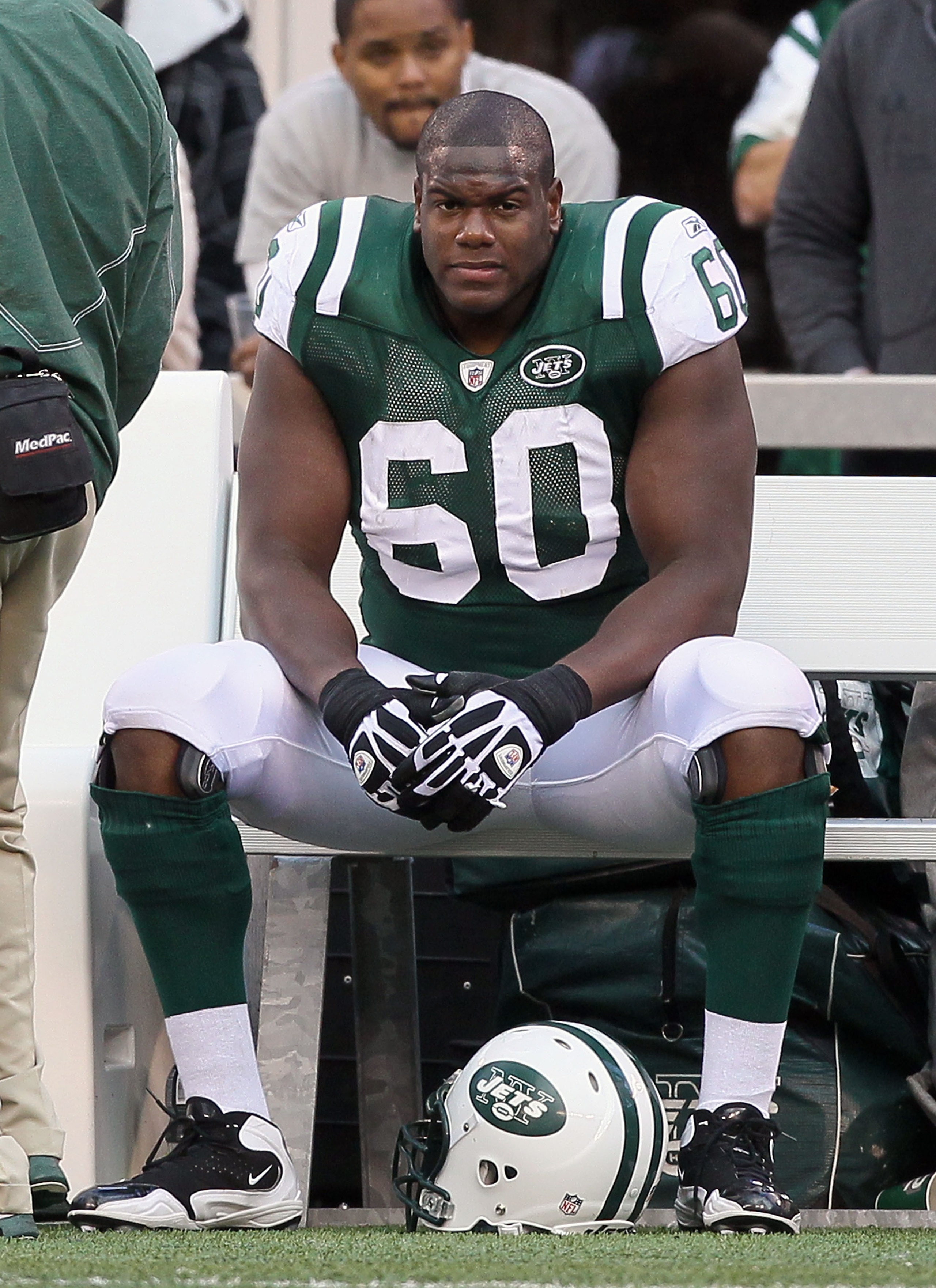EAST RUTHERFORD, NJ - OCTOBER 31:  D'Brickashaw Ferguson #60 of the New York Jets looks on late in the game against the Green Bay Packers on October 31, 2010 at the New Meadowlands Stadium in East Rutherford, New Jersey. The Packers defeated the Jets 9-0.