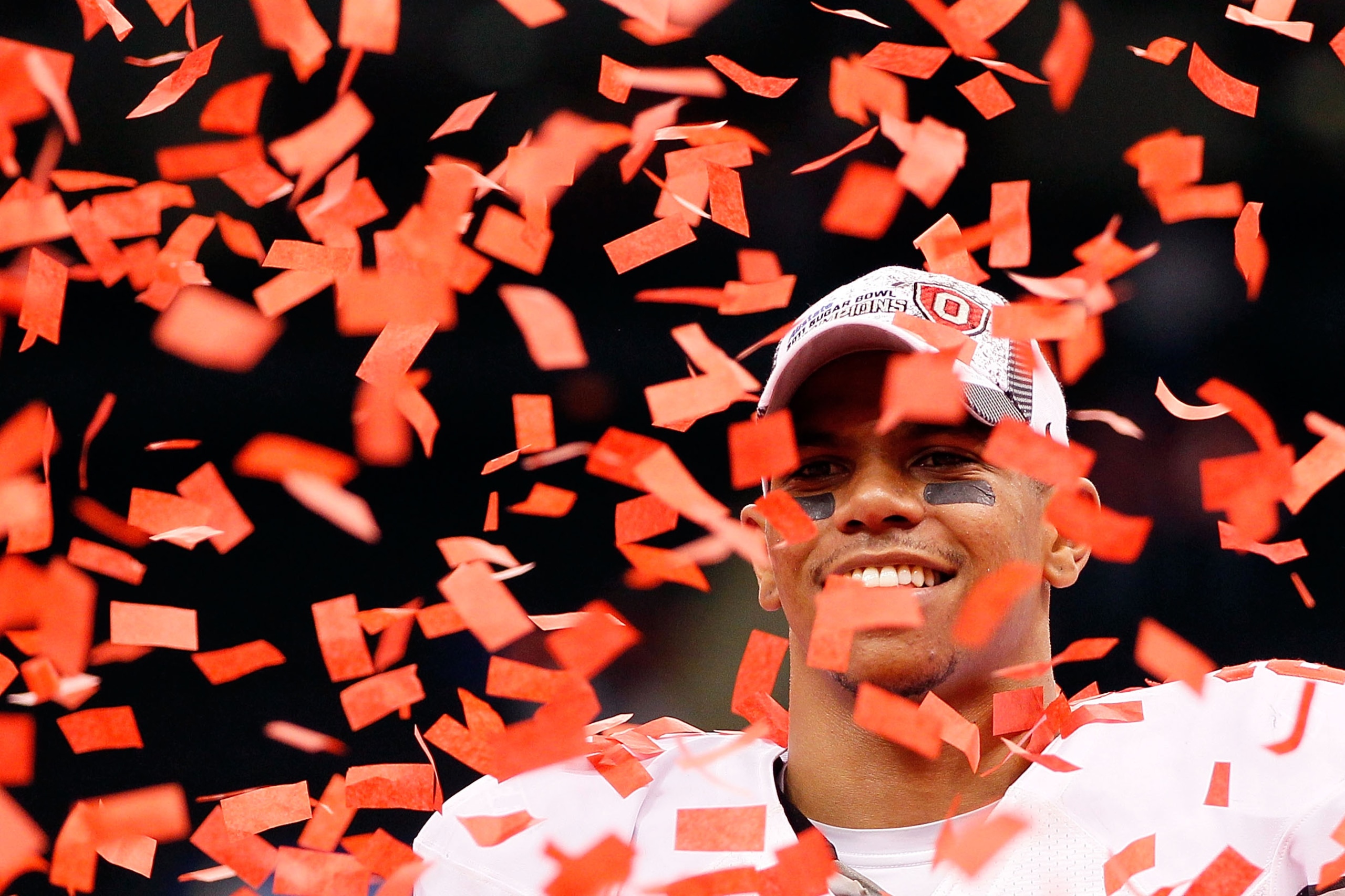 NEW ORLEANS, LA - JANUARY 04: Terrelle Pryor #2 of the Ohio State Buckeyes celebrates the Buckeyes 31-26 victory against the Arkansas Razorbacks during the Allstate Sugar Bowl at the Louisiana Superdome on January 4, 2011 in New Orleans, Louisiana. (Pho NEW ORLEANS, LA - JANUARY 04: Terrelle Pryor #2 of the Ohio State Buckeyes celebrates the Buckeyes 31-26 victory against the Arkansas Razorbacks during the Allstate Sugar Bowl at the Louisiana Superdome on January 4, 2011 in New Orleans, Louisiana. (Pho