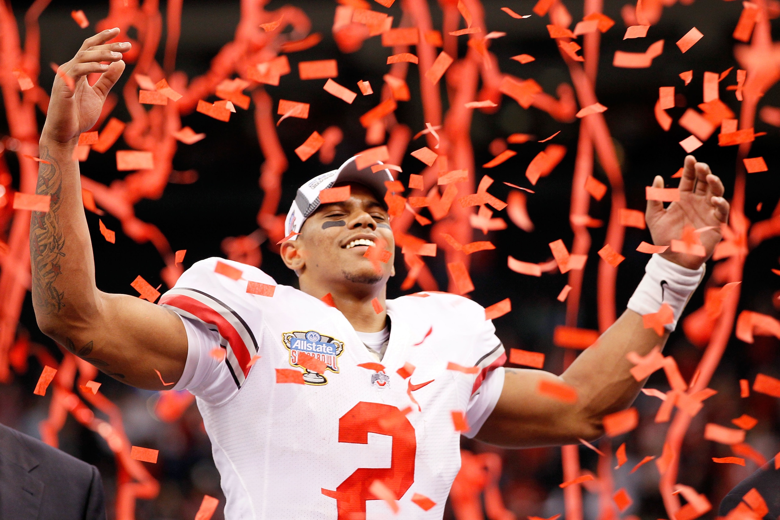 NEW ORLEANS, LA - JANUARY 04: Terrelle Pryor #2 of the Ohio State Buckeyes celebrates the Buckeyes 31-26 victory against the Arkansas Razorbacks during the Allstate Sugar Bowl at the Louisiana Superdome on January 4, 2011 in New Orleans, Louisiana. (Pho NEW ORLEANS, LA - JANUARY 04: Terrelle Pryor #2 of the Ohio State Buckeyes celebrates the Buckeyes 31-26 victory against the Arkansas Razorbacks during the Allstate Sugar Bowl at the Louisiana Superdome on January 4, 2011 in New Orleans, Louisiana. (Pho