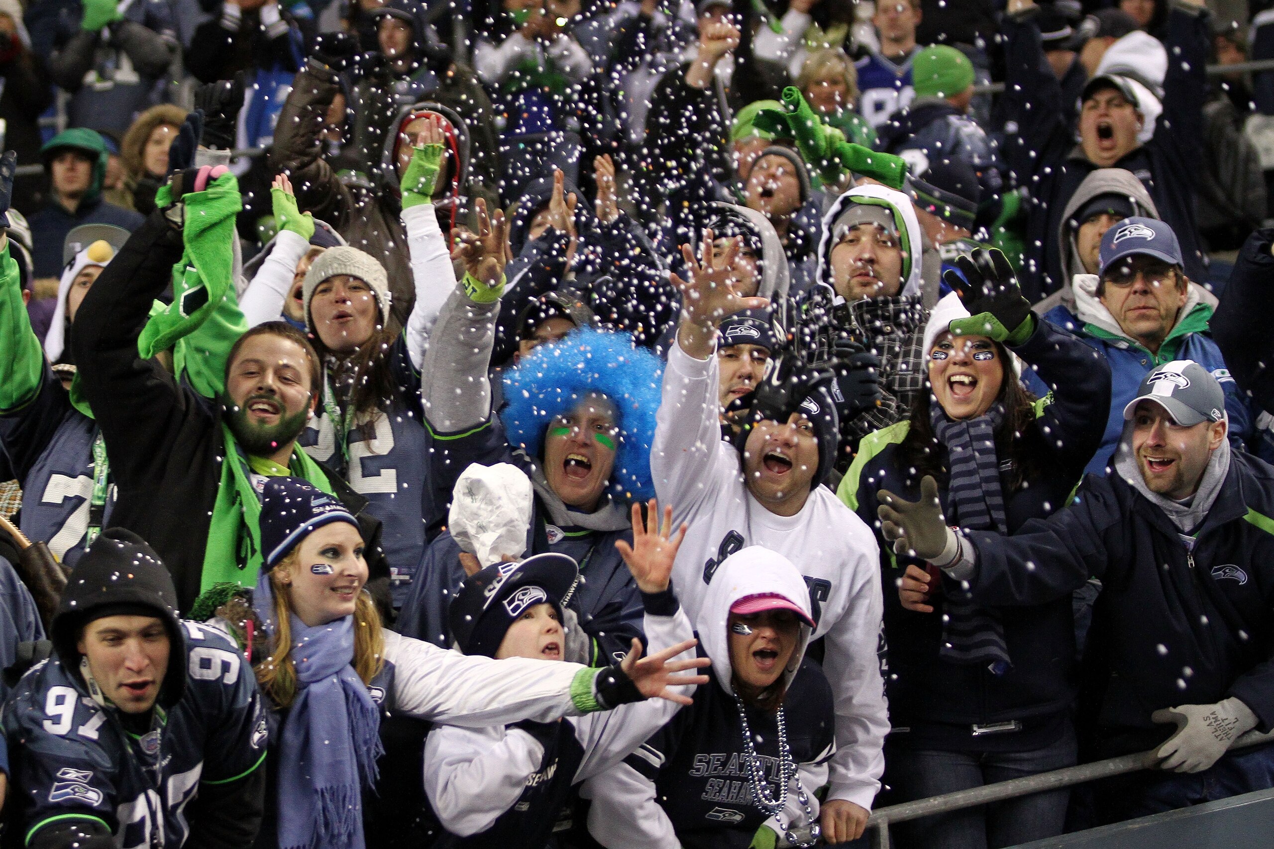 SEATTLE, WA - JANUARY 02:  Fans of the Seattle Seahawks celebrate advancing to the playoffs after defeating the St. Louis Rams 16-6 at Qwest Field on January 2, 2011 in Seattle, Washington.  (Photo by Otto Greule Jr/Getty Images)
