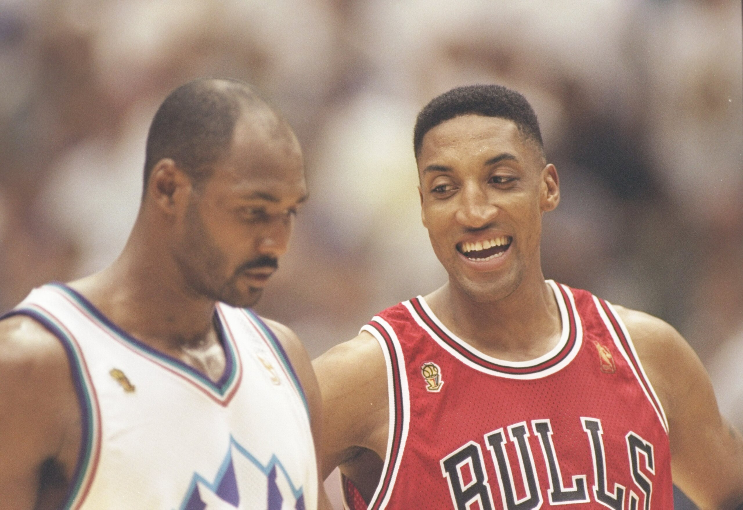6 Jun 1997: Forward Scottie Pippen of the Chicago Bulls chats with forward Karl Malone of the Utah Jazz during a playoff game at the Delta Center in Salt Lake City, Utah. The Jazz won the game 104-93. Mandatory Credit: Jed Jacobsohn /Allsport 6 Jun 1997: Forward Scottie Pippen of the Chicago Bulls chats with forward Karl Malone of the Utah Jazz during a playoff game at the Delta Center in Salt Lake City, Utah. The Jazz won the game 104-93. Mandatory Credit: Jed Jacobsohn /Allsport