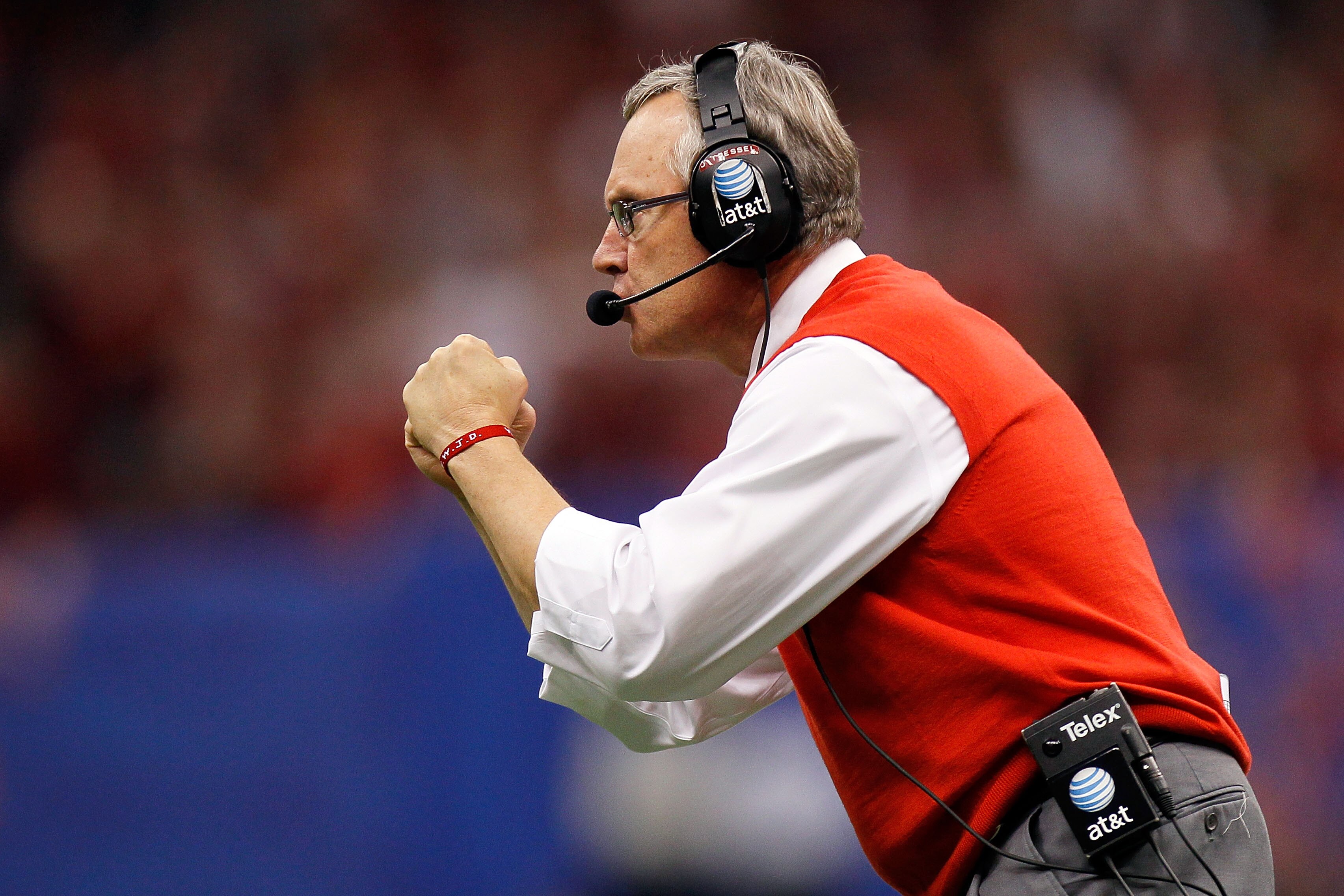 NEW ORLEANS, LA - JANUARY 04:  Head coach Jim Tressel of the Ohio State Buckeyes reacts in the second half against the Arkansas Razorbacks during the Allstate Sugar Bowl at the Louisiana Superdome on January 4, 2011 in New Orleans, Louisiana.  (Photo by K
