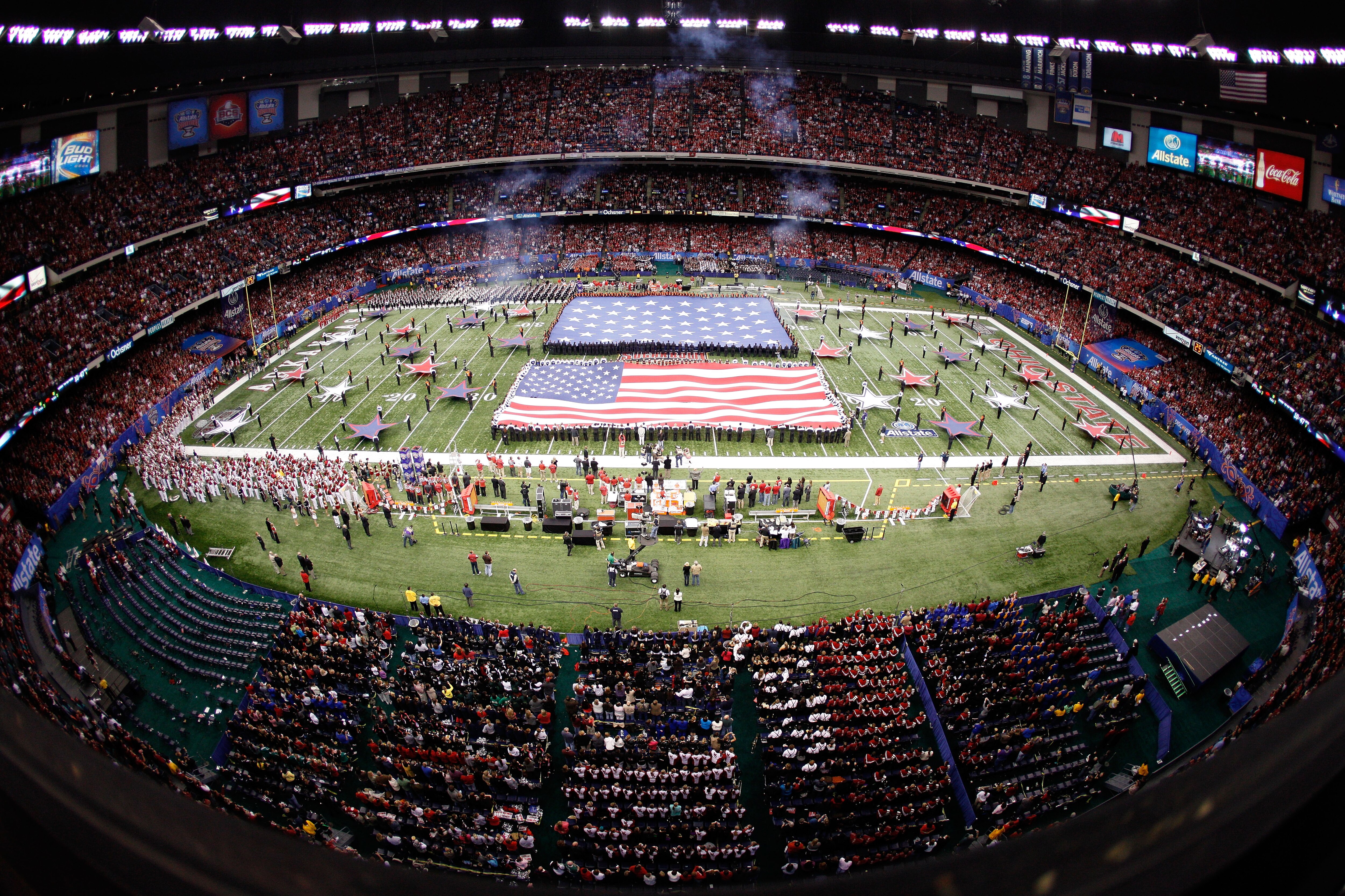 NEW ORLEANS, LA - JANUARY 04:  A general view during the national anthem before the Allstate Sugar Bowl between the Arkansas Razorbacks and the Ohio State Buckeyes at the Louisiana Superdome on January 4, 2011 in New Orleans, Louisiana.  (Photo by Chris G