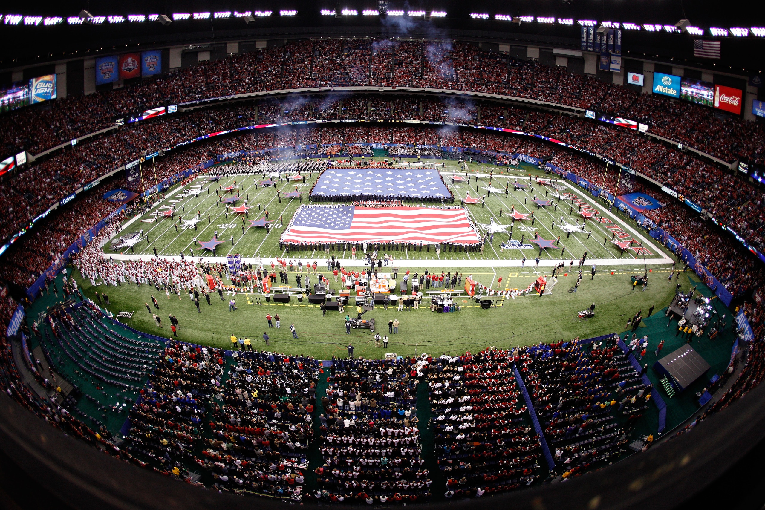 NEW ORLEANS, LA - JANUARY 04:  A general view during the national anthem before the Allstate Sugar Bowl between the Arkansas Razorbacks and the Ohio State Buckeyes at the Louisiana Superdome on January 4, 2011 in New Orleans, Louisiana.  (Photo by Chris G
