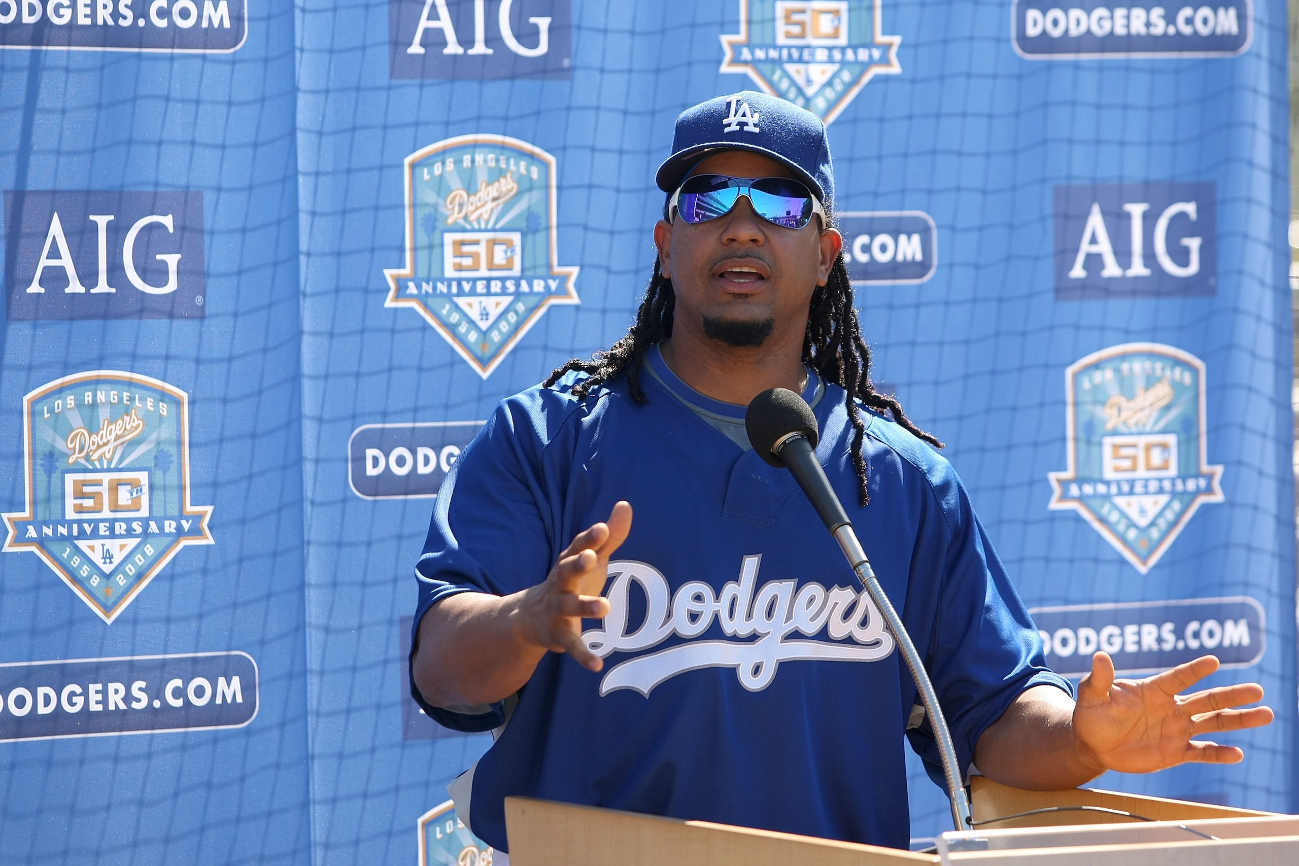 LOS ANGELES, CA - AUGUST 1: Manny Ramirez #99 of  the Los Angeles Dodgers talks with the media before the game against  the Arizona Diamondbacks on August 1, 2008 at Dodger Stadium in Los Angeles, California.   (Photo by Stephen Dunn/Getty Images)